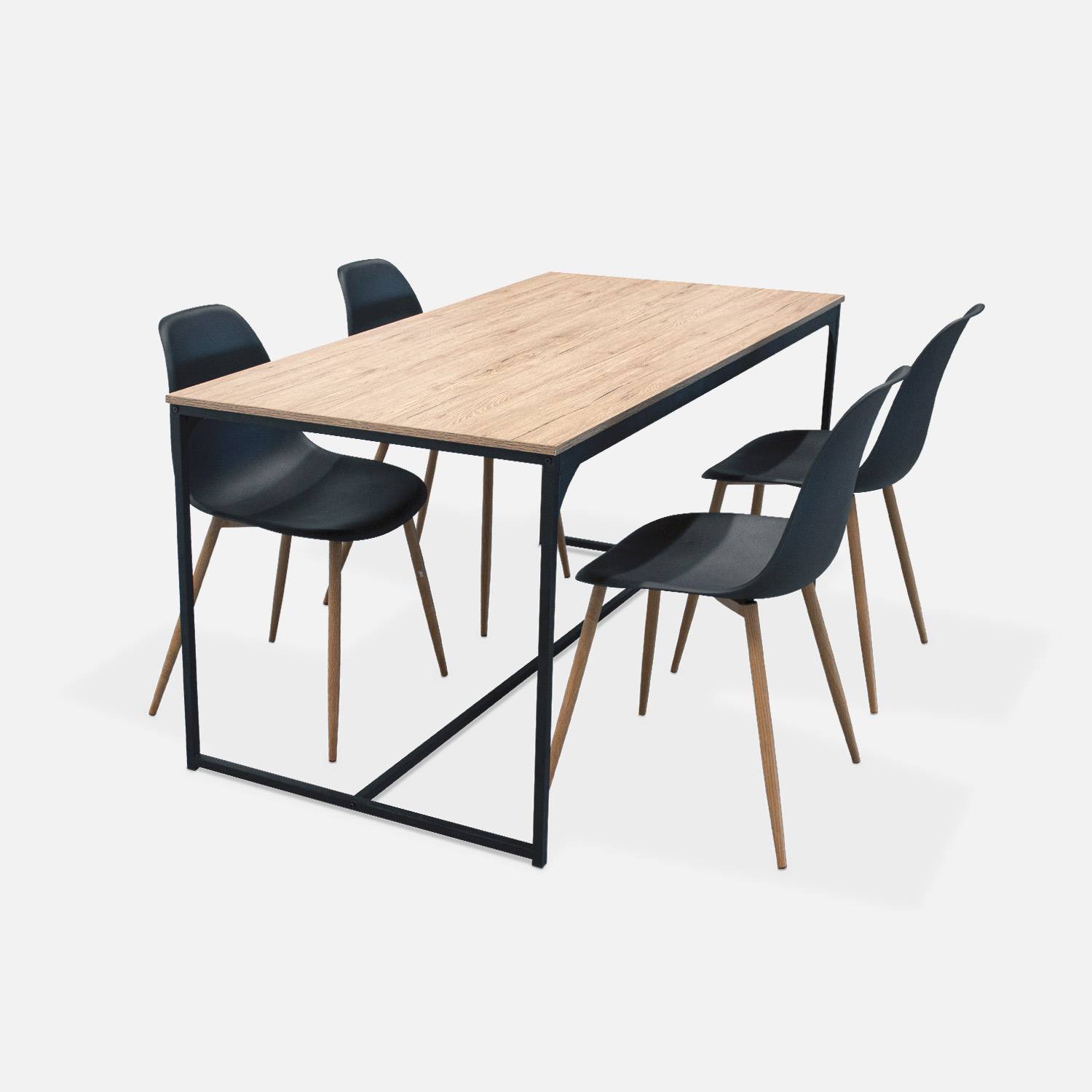 Table à manger rectangulaire métal et décor bois + 4 chaises scandinaves noires  Photo2