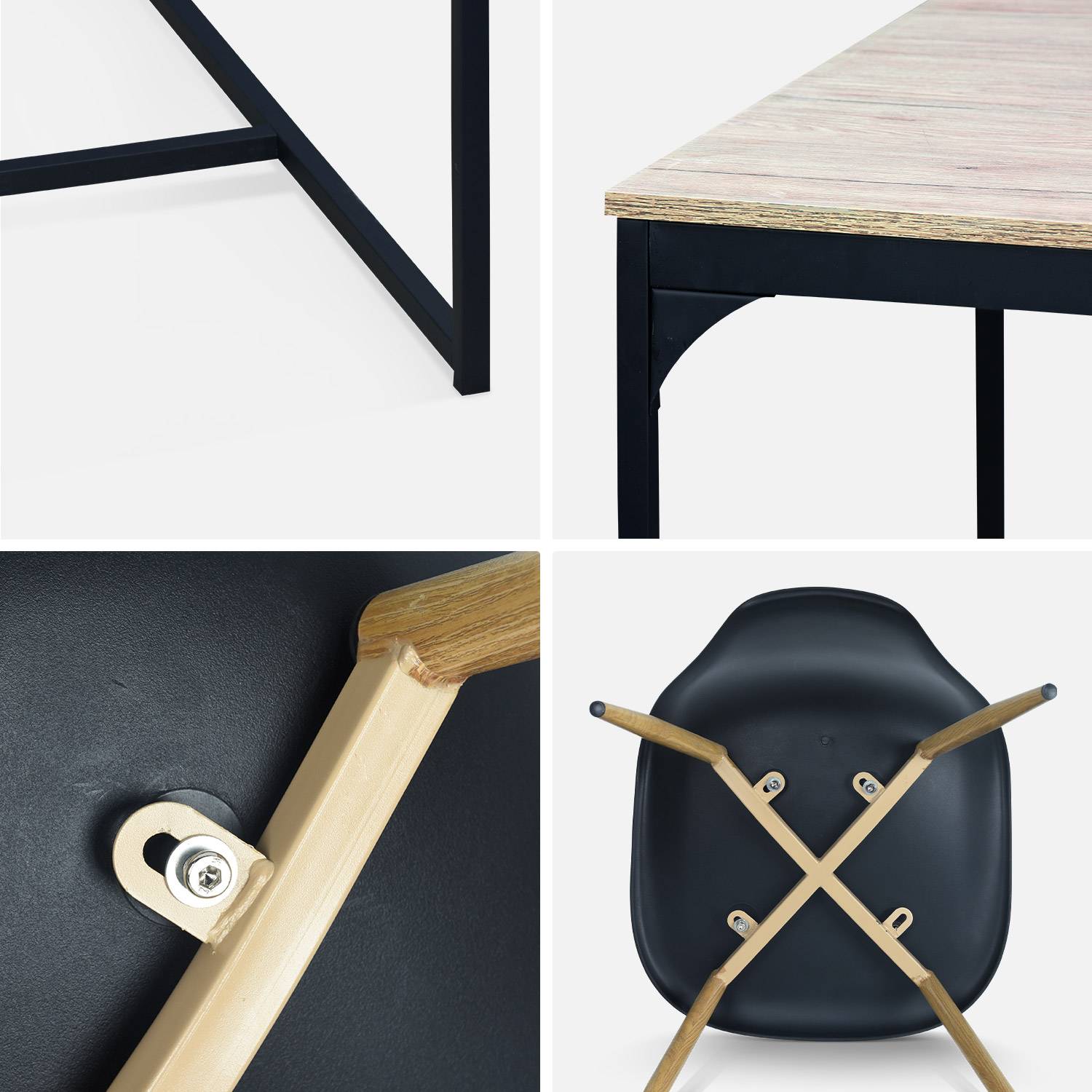 Table à manger rectangulaire métal et décor bois + 4 chaises scandinaves noires  Photo7