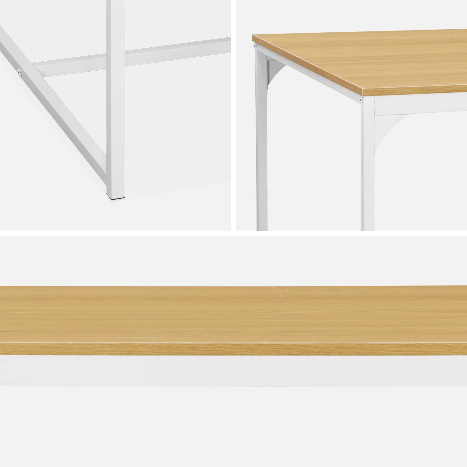 Mesa de comedor rectangular, metal blanco mate y decoración de madera - Loft - asientos para 4, 150cm  Photo6