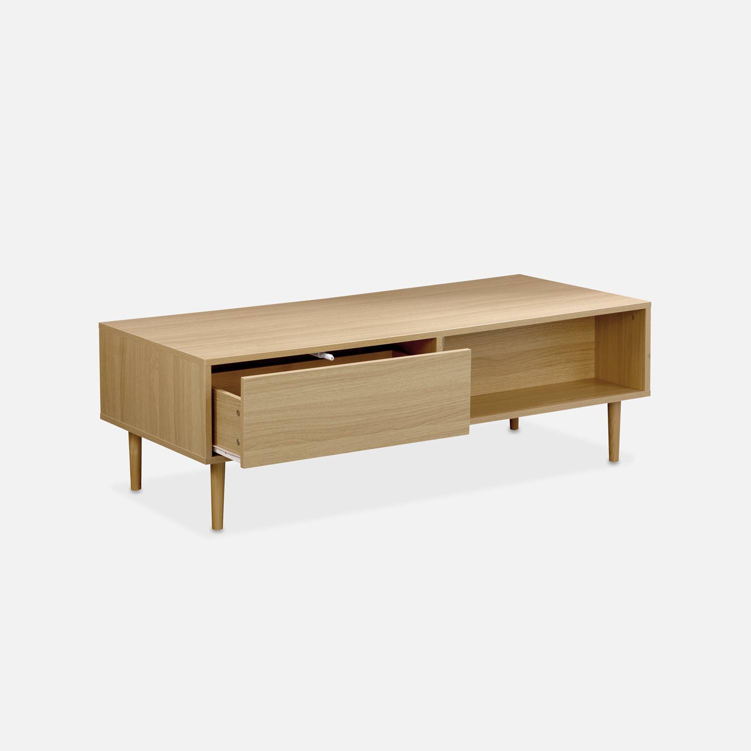Table basse en décor bois - Mika - 2 tiroirs, 2 espaces de rangement, L 120 x l 55 x H 40cm Photo4