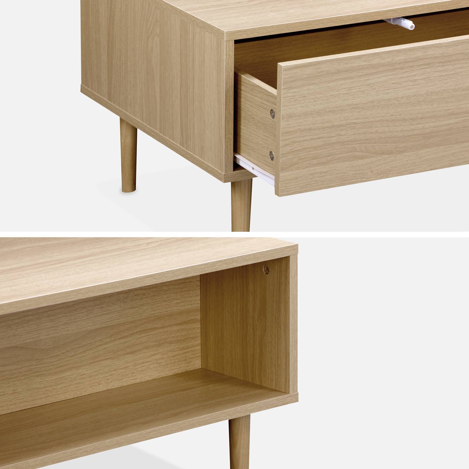 Table basse en décor bois - Mika - 2 tiroirs, 2 espaces de rangement, L 120 x l 55 x H 40cm Photo6