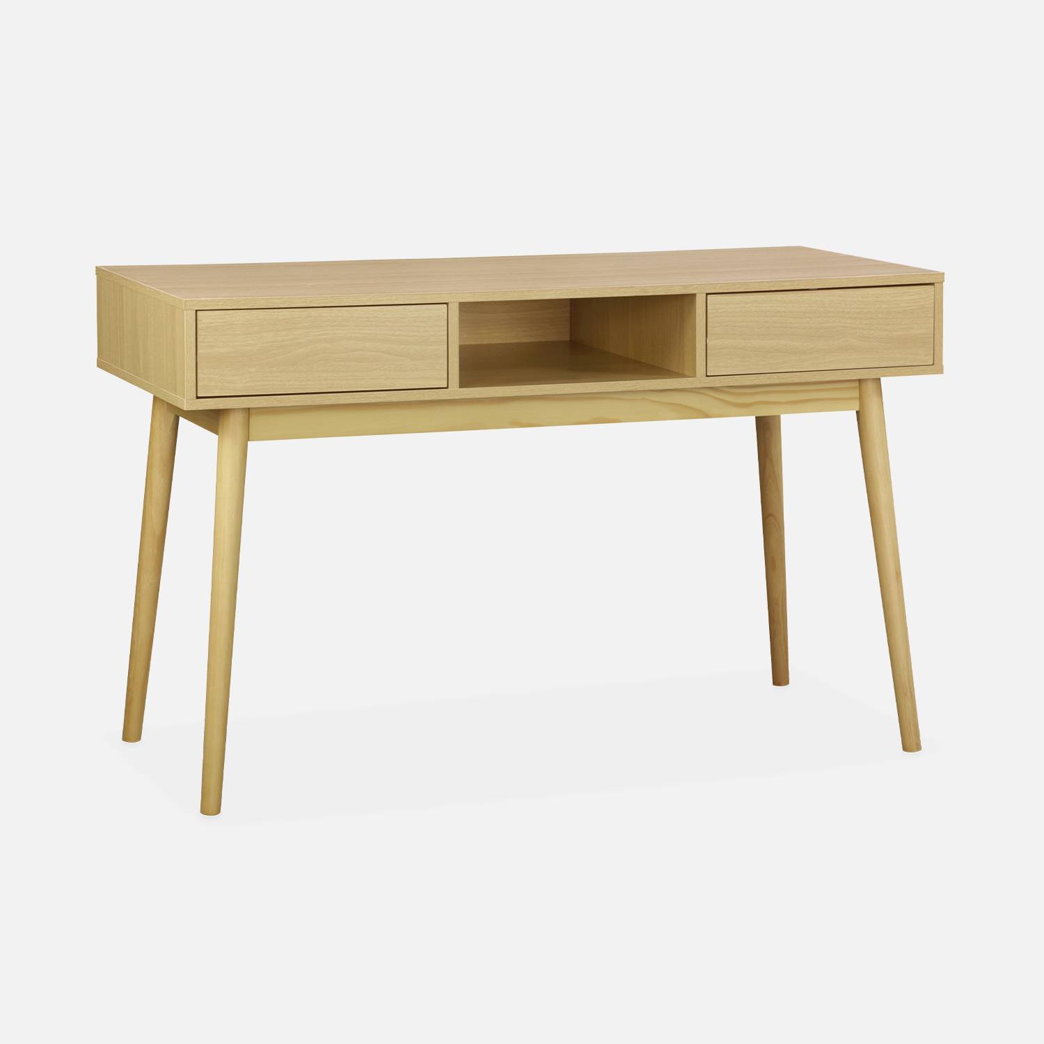 Console décor bois - Mika - 2 tiroirs, 1 casier de rangement, pieds scandinaves, L 120 x l 48 x H 75cm  Photo2