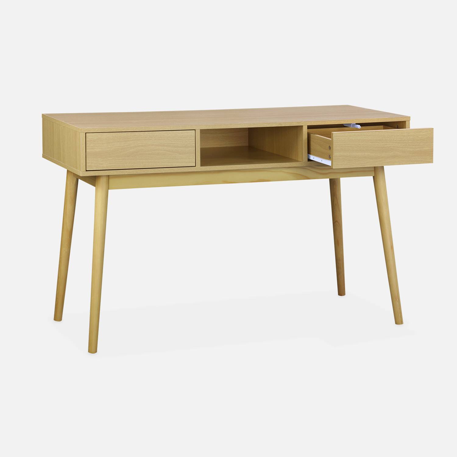 Console décor bois - Mika - 2 tiroirs, 1 casier de rangement, pieds scandinaves, L 120 x l 48 x H 75cm  Photo3