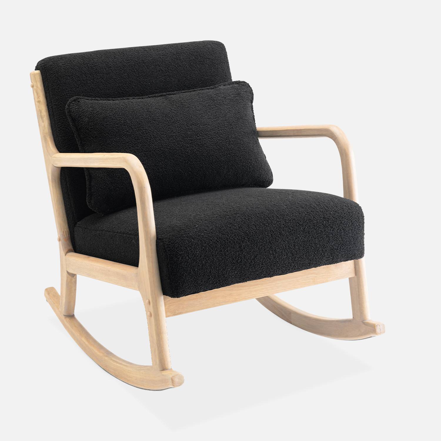 Fauteuil à bascule design en bois et tissu, bouclettes noires, 1 place, rocking chair scandinave Photo3