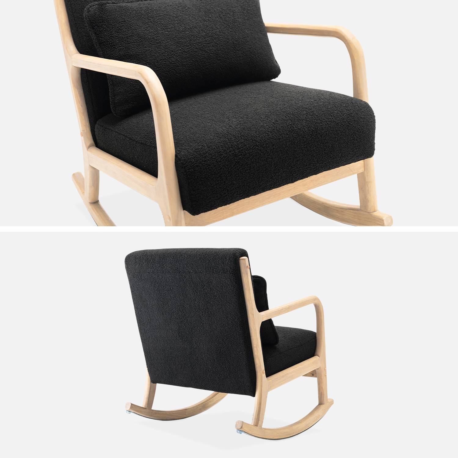 Fauteuil à bascule design en bois et tissu, bouclettes noires, 1 place, rocking chair scandinave Photo5