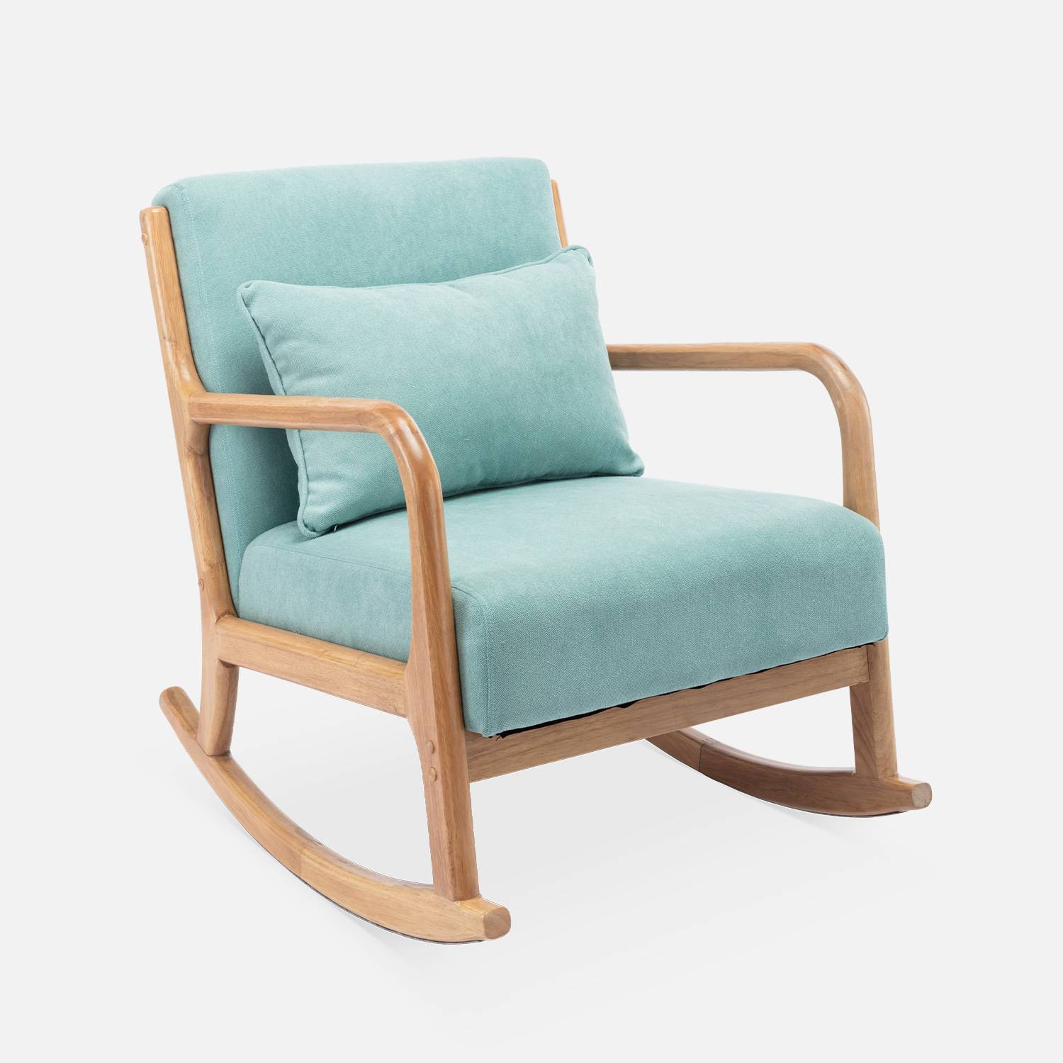 Fauteuil à bascule design en bois et tissu, 1 place, rocking chair scandinave, vert d'eau Photo3
