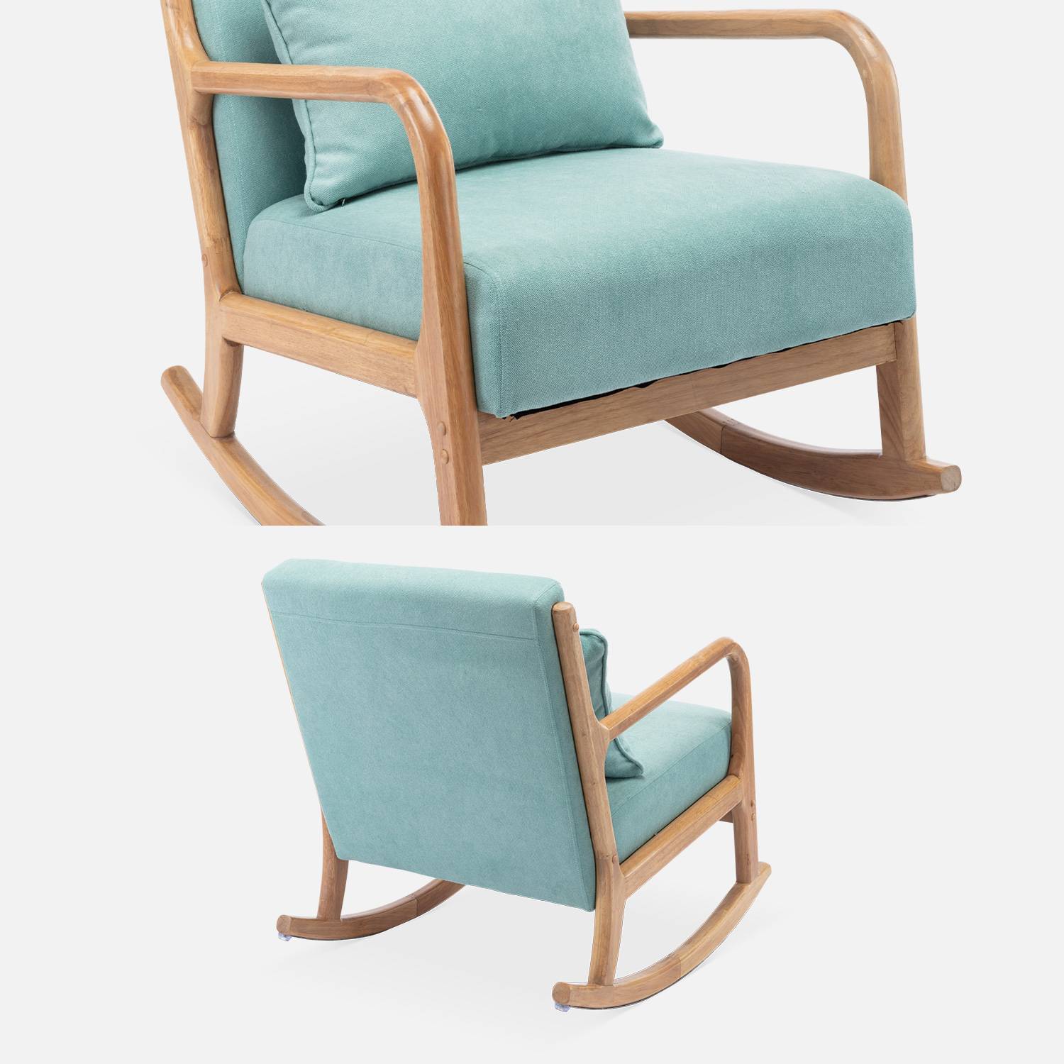 Sedia a dondolo di design in legno e tessuto, 1 posto, sedia a dondolo scandinava, verde acqua Photo7