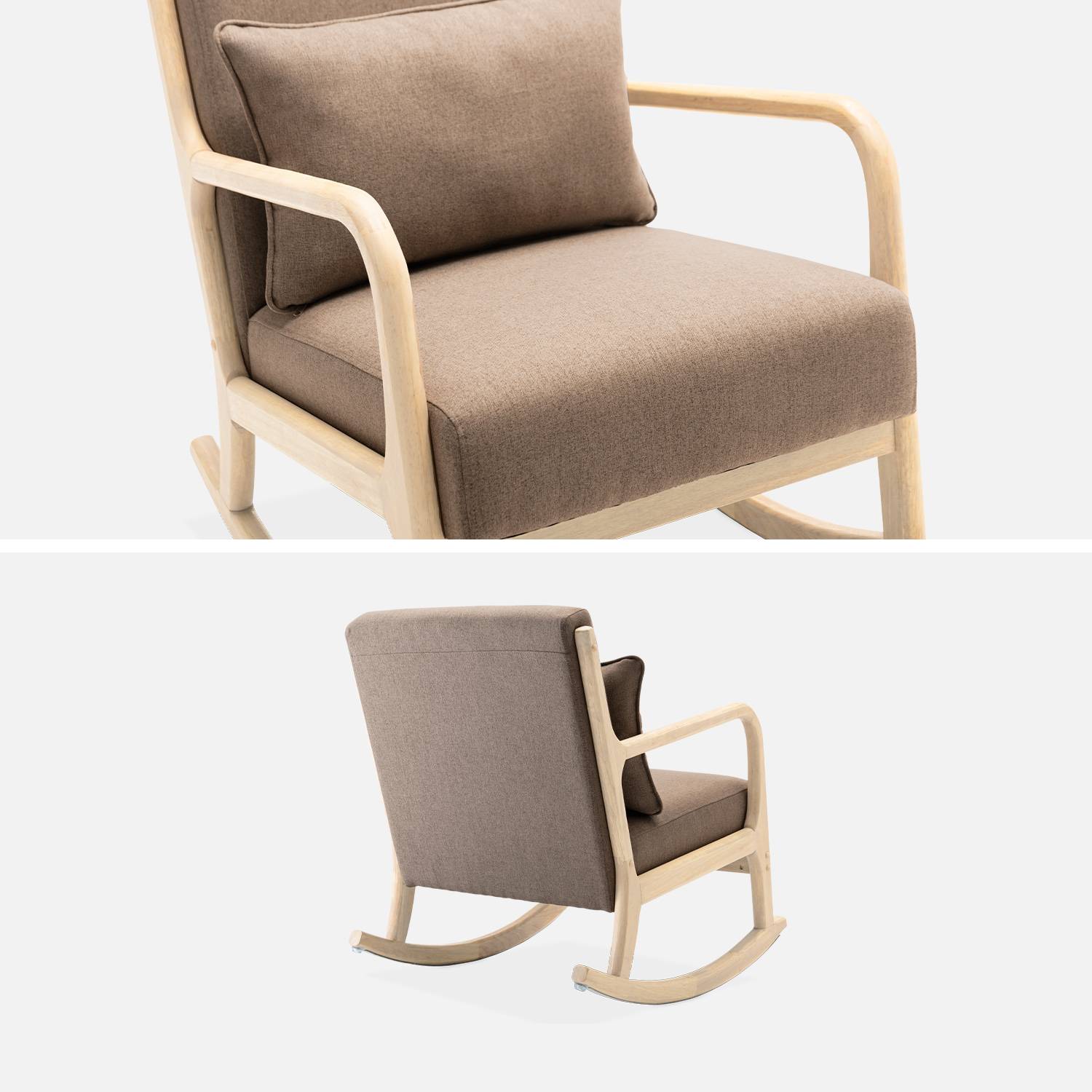 Cadeira de baloiço de design em madeira e tecido, 1 assento, cadeira de baloiço escandinava, marrom Photo4