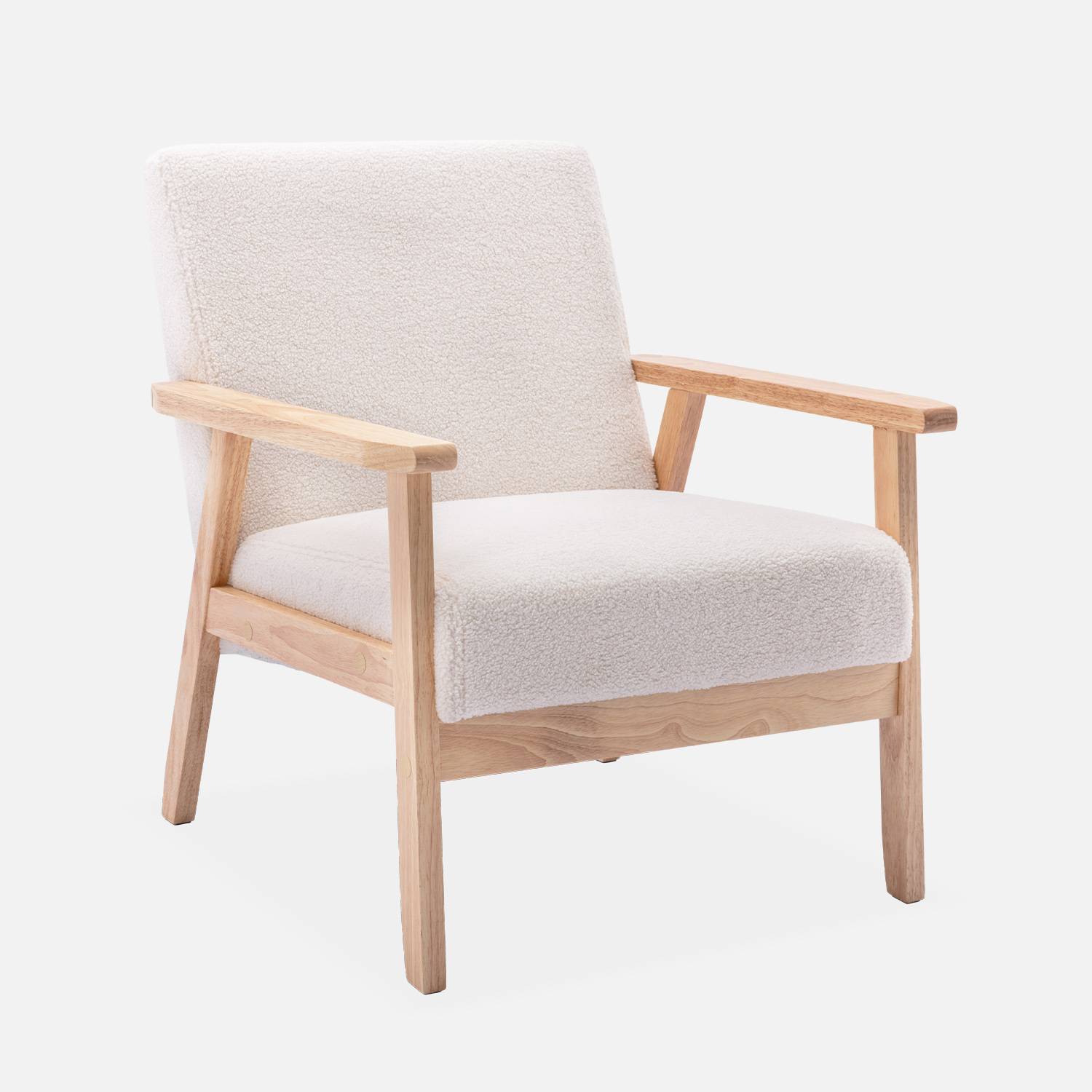 Scandinavische fauteuil van hout en witte boucléstof, B 64 x D 69,5 x H 73cm Photo3