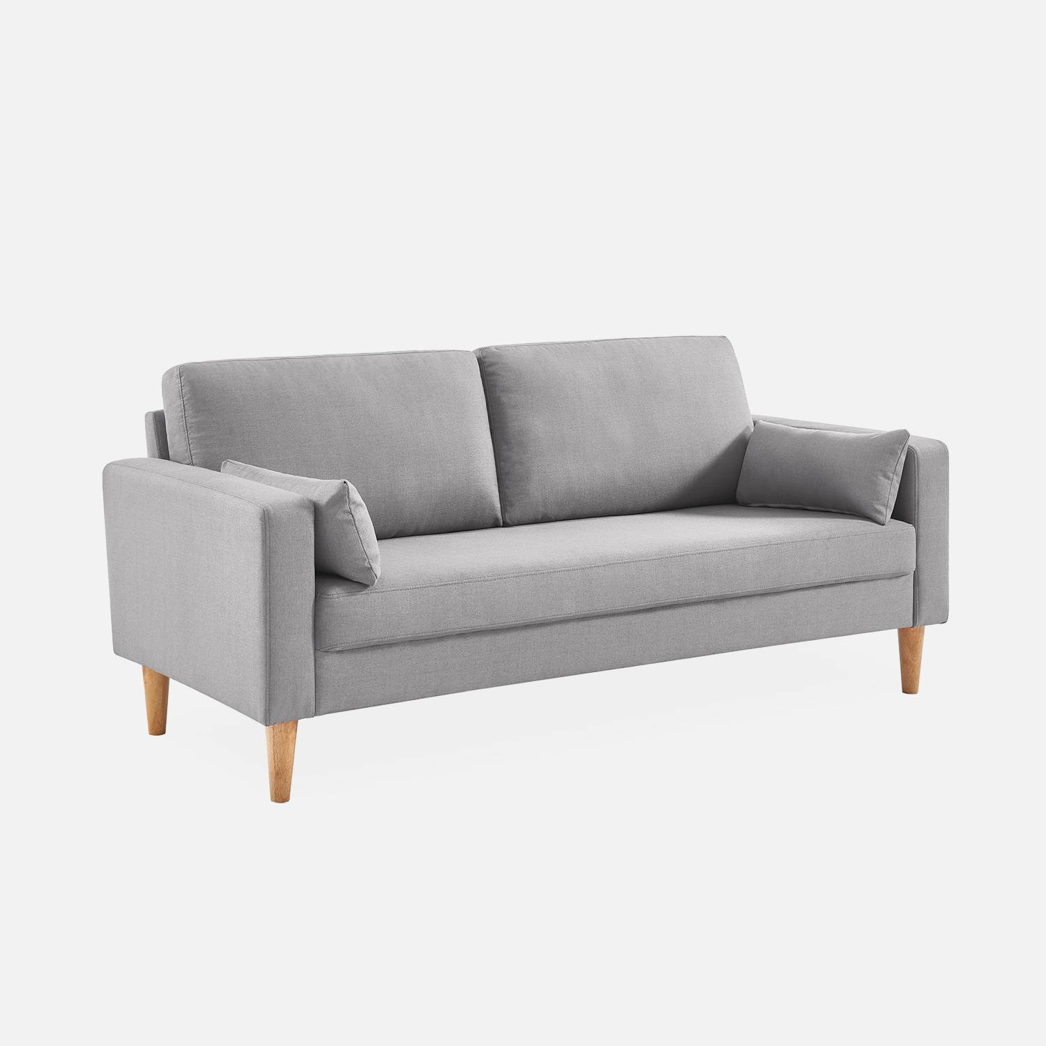 Canapé en tissu gris clair - Bjorn - Canapé 3 places fixe droit pieds bois, style scandinave   Photo2