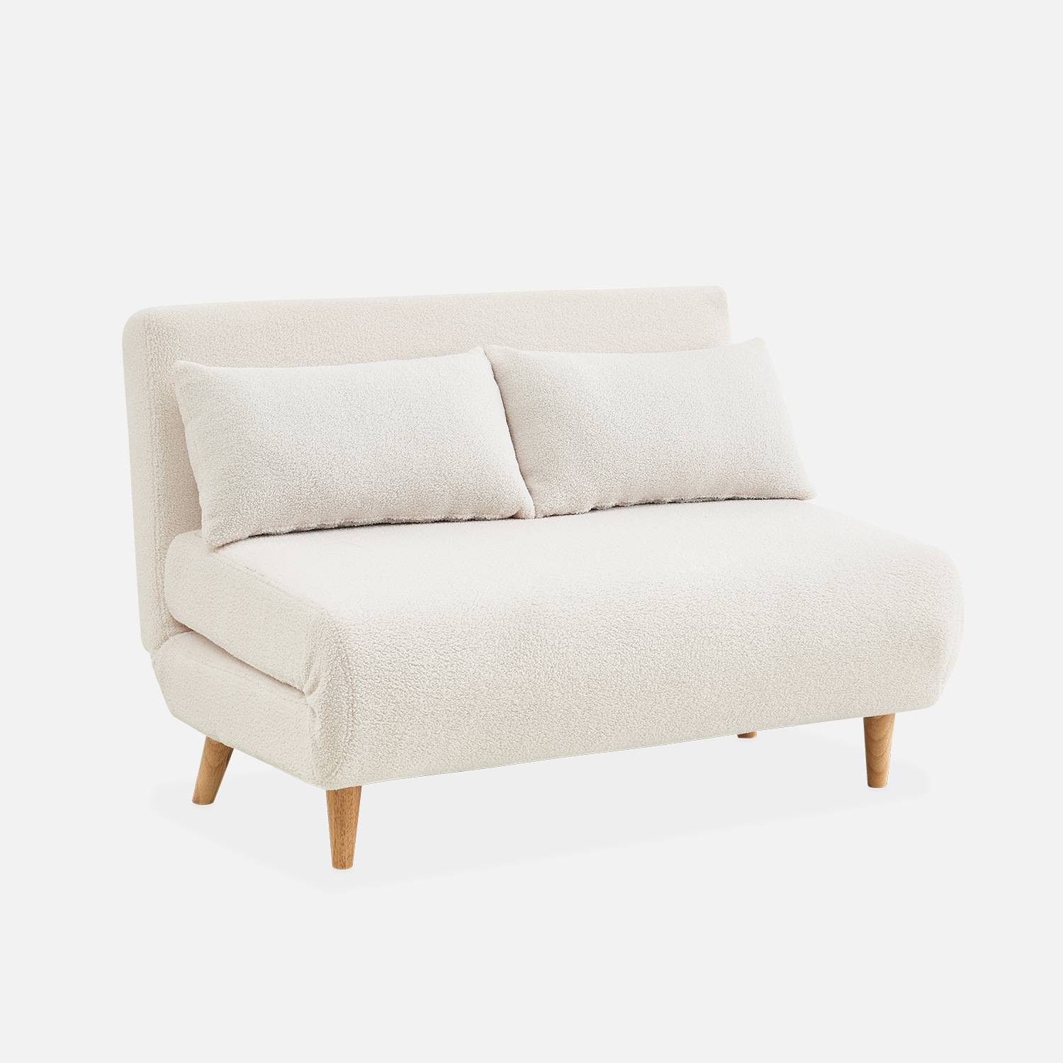 Sofá cama de tejido rizado blanco - Guesta - Sofá escandinavo de 2 plazas, patas de madera oscura, asiento corrido, respaldo reclinable Photo3