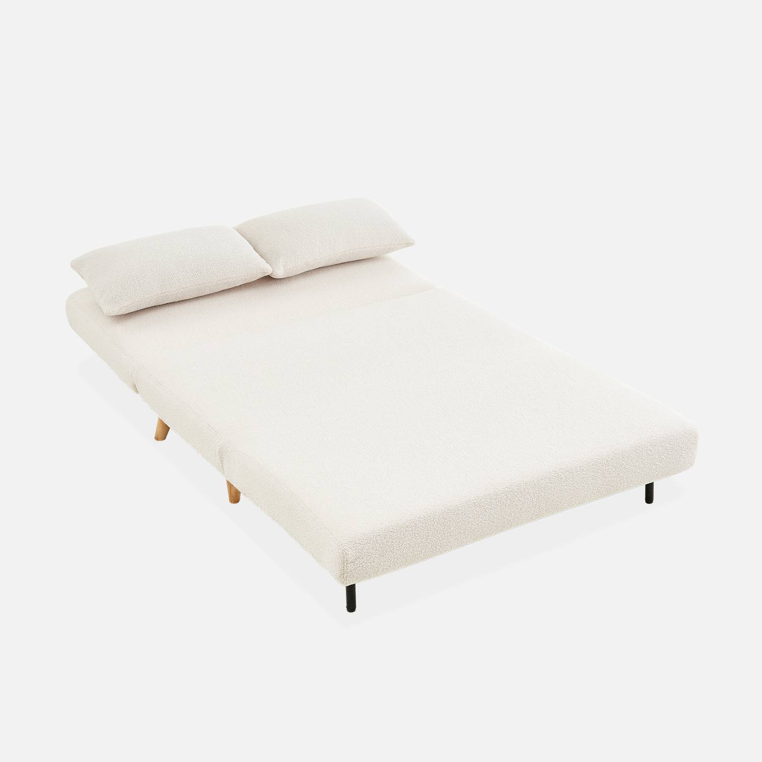 Sofá cama de tejido rizado blanco - Guesta - Sofá escandinavo de 2 plazas, patas de madera oscura, asiento corrido, respaldo reclinable Photo7