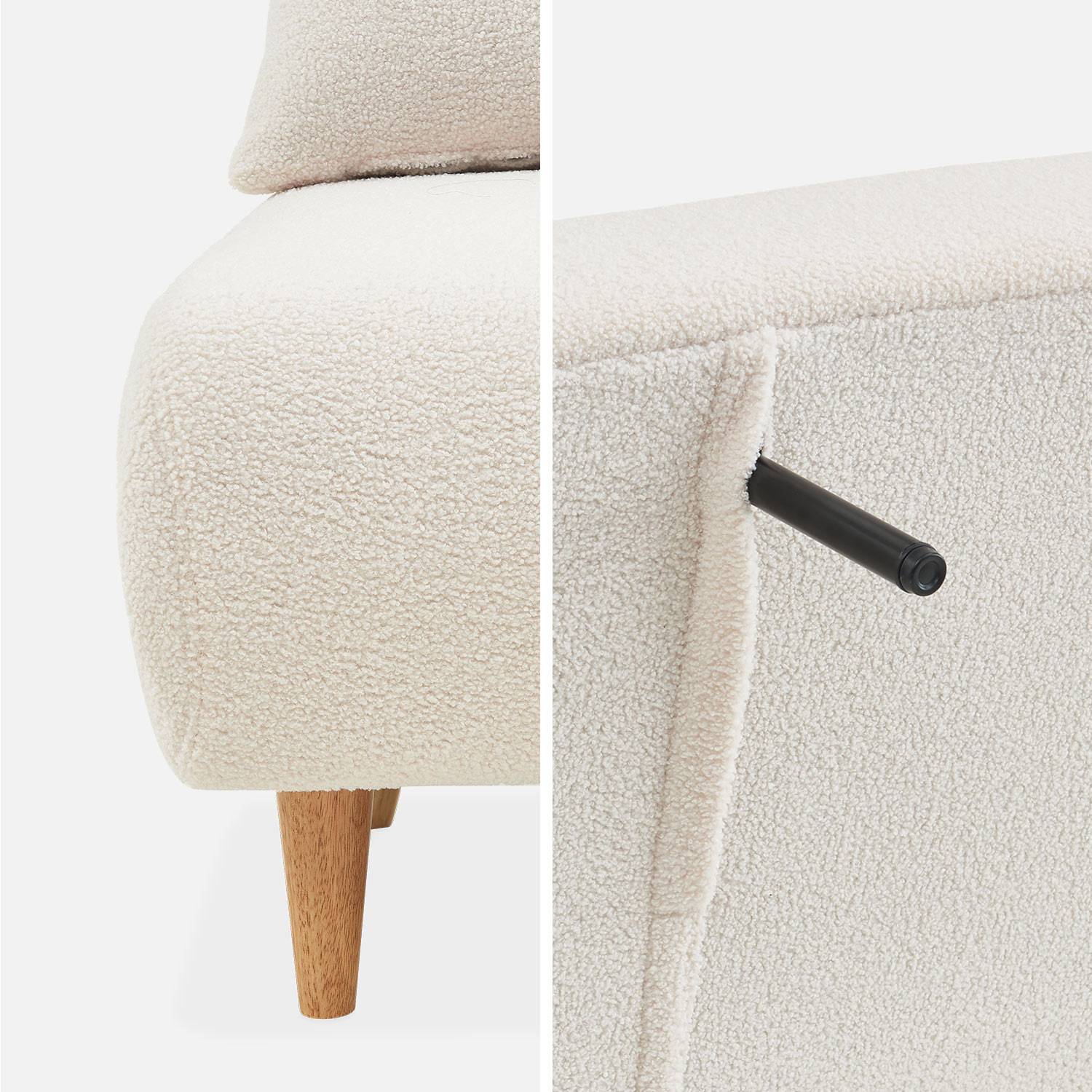 Sofá cama de tejido rizado blanco - Guesta - Sofá escandinavo de 2 plazas, patas de madera oscura, asiento corrido, respaldo reclinable Photo9