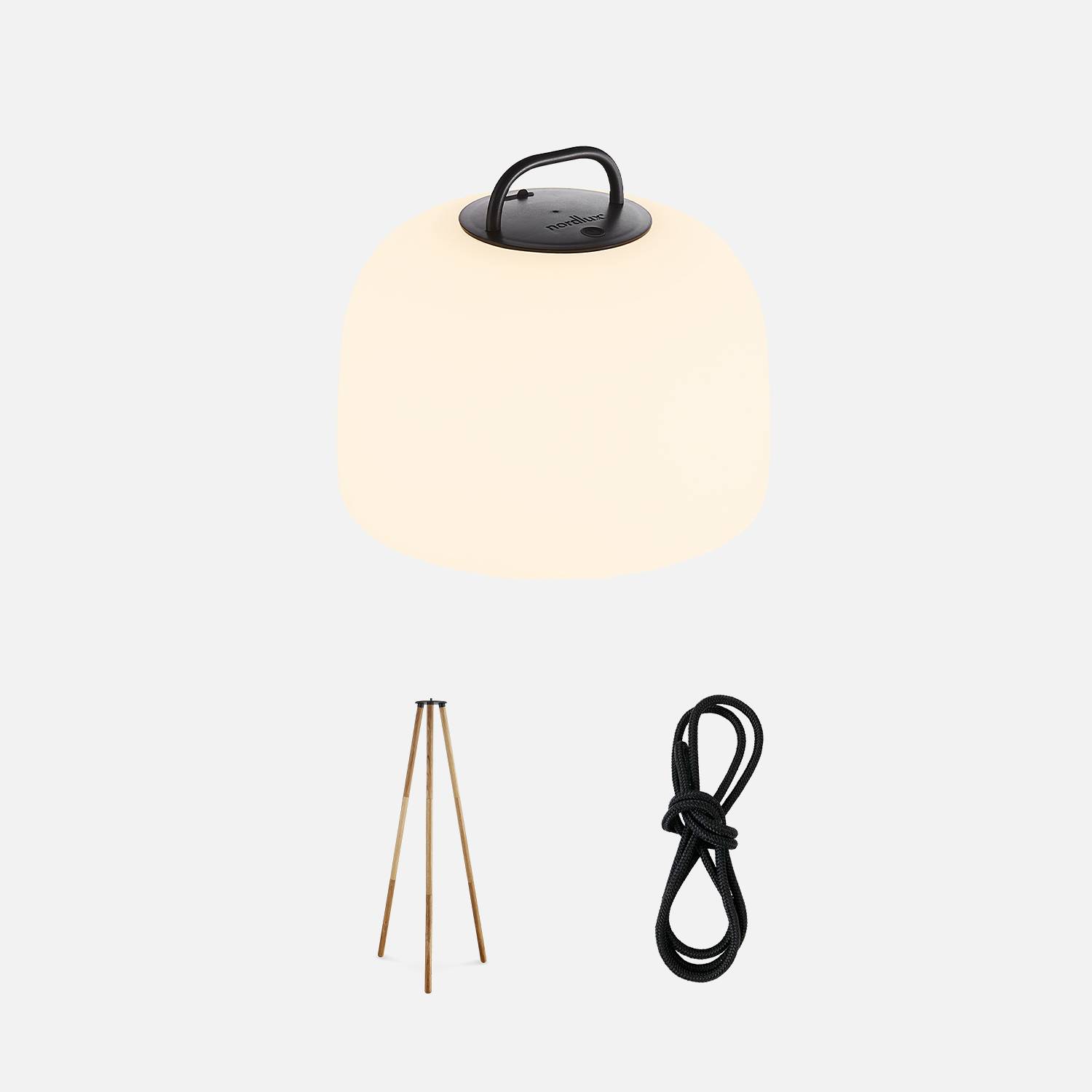 Lampada LED per interni 3 in 1 - TRIPADA XL - lampada in plastica con piedini in legno di gomma, Ø36cm ricaricabile, da appendere, con treppiede da 1m e corda Photo2