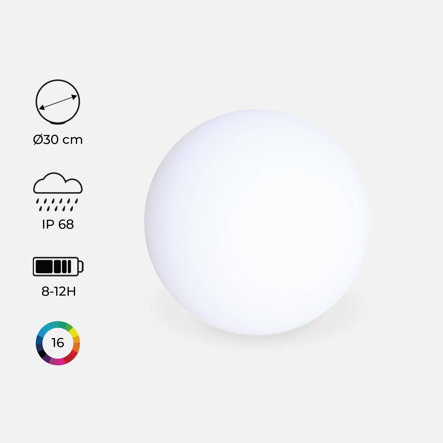 Iluminação exterior, LED para jardim, 30 cm, esfera luminosa multicolor recarregável sem cabos - 16 cores - ESFERA DE ILUMINAÇÃO LED, Ø 30 CM Photo2