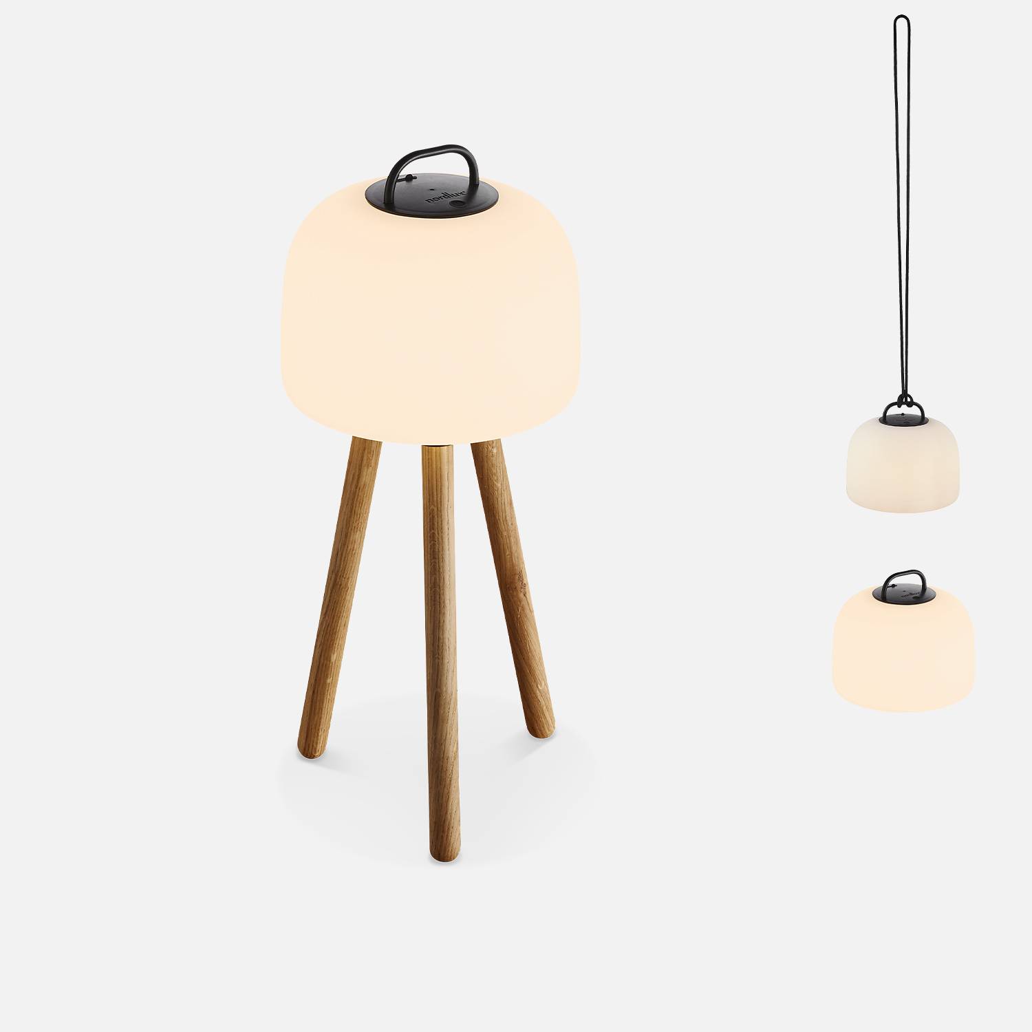 Indoor LED lamp 3 in 1. Kunststof lamp met hevea houten poten, Ø22cm oplaadbaar, om op te hangen, met standaard 35cm en touw Photo1