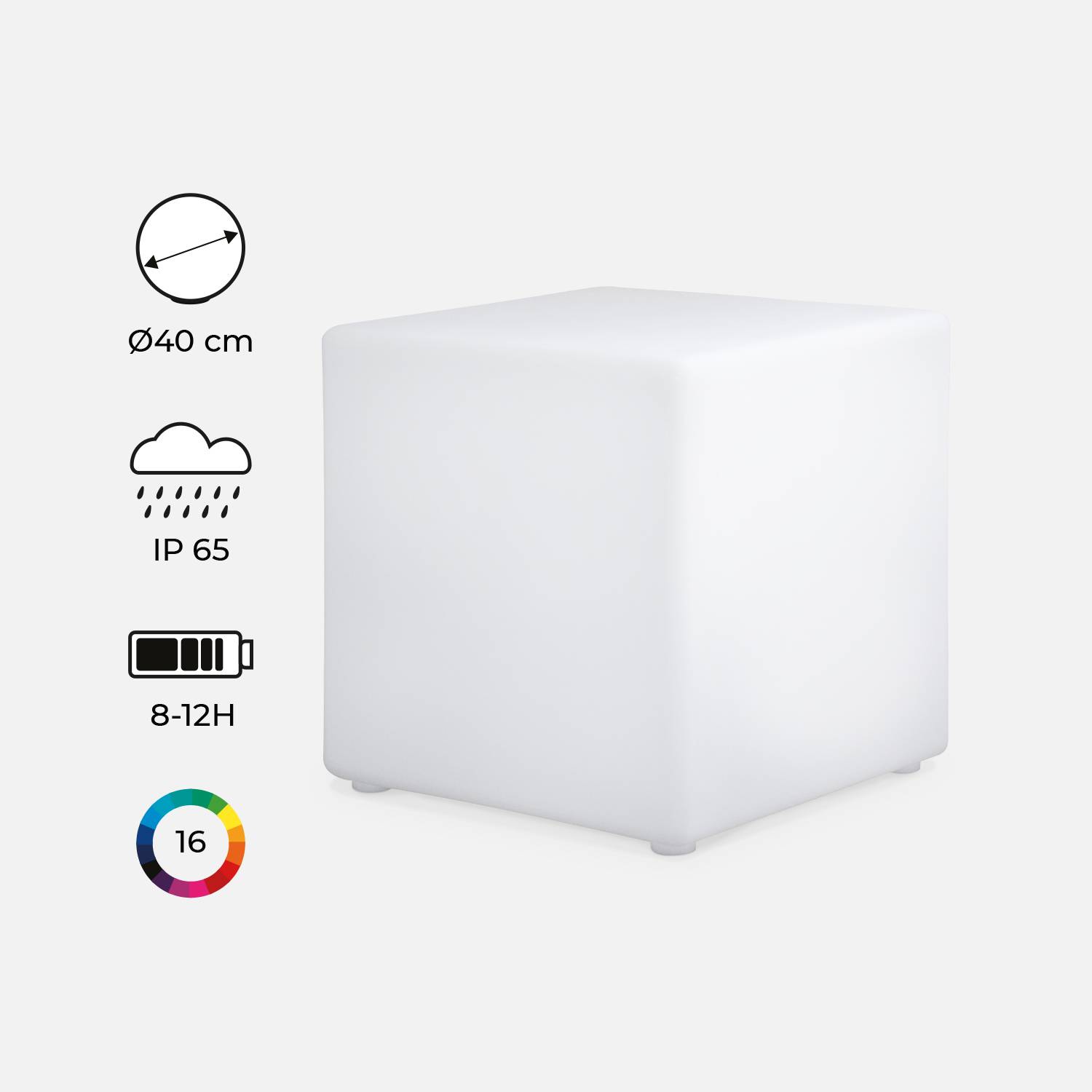 Cube LED 40cm - Cube décoratif lumineux, 16 couleurs, 40cm, rechargeable, télécommande Photo2