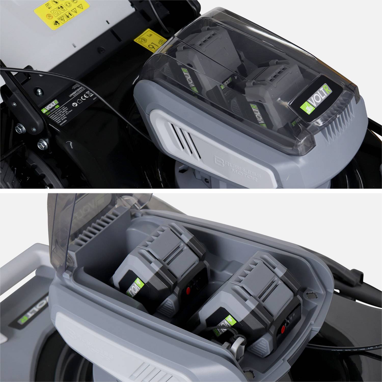 VOLTR 36V – Tondeuse à gazon sans fil tractée Ø46cm – 2x Batteries 18V Lithium 8.0Ah + double chargeur rapide, récupérateur d’herbe 50L Photo4