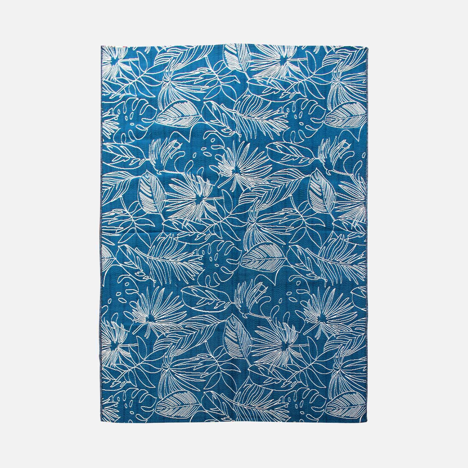 Tapis extérieur/intérieur 200 x 290 bleu canard avec motif exotique blanc Photo1