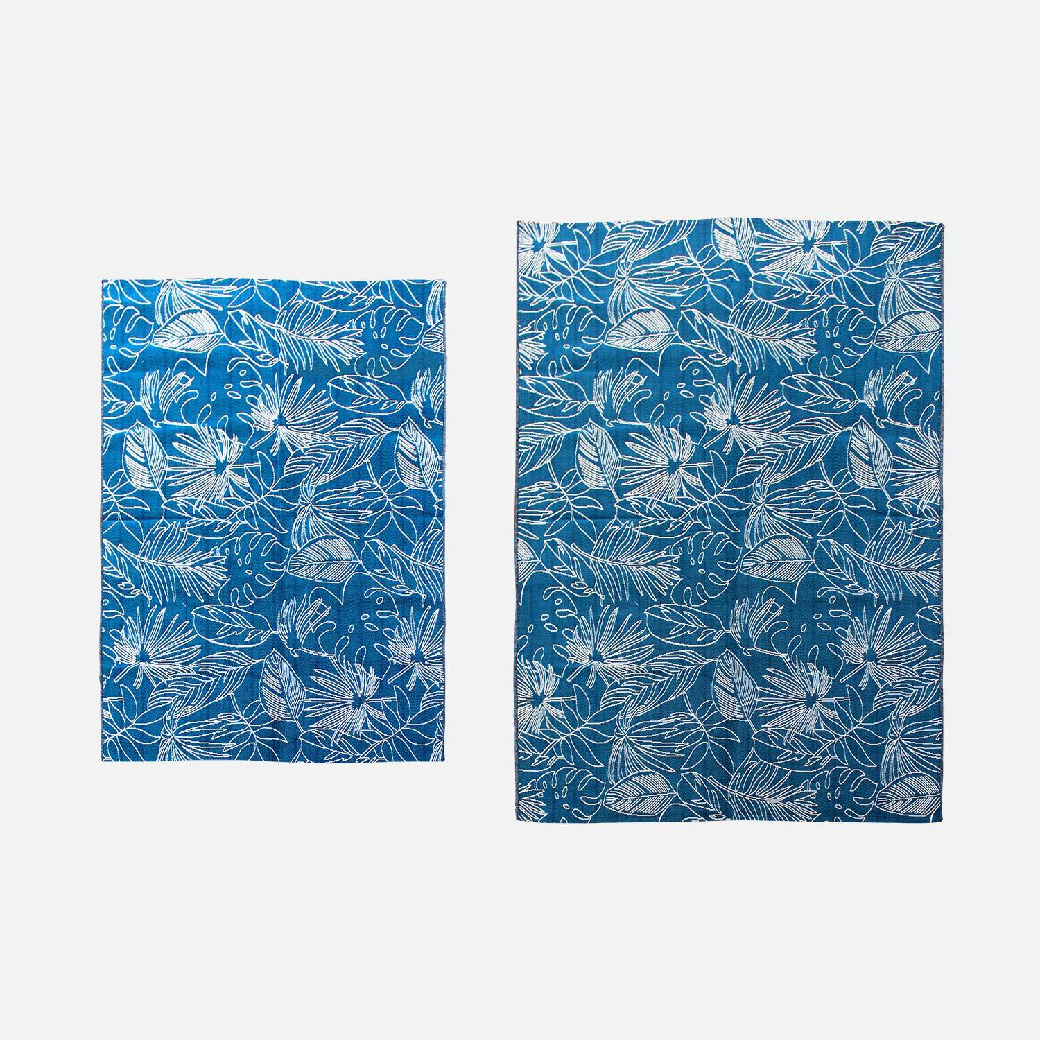 Tapis extérieur/intérieur 200 x 290 bleu canard avec motif exotique blanc Photo3