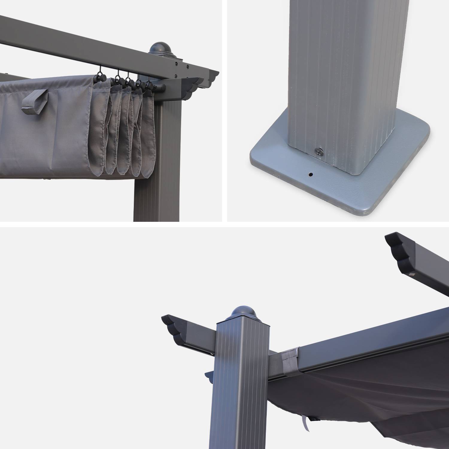 Pergola aluminium - Condate 3x3m -  Toile gris - Tonnelle idéale pour votre terrasse, toit retractable, toile coulissante, structure aluminium Photo4