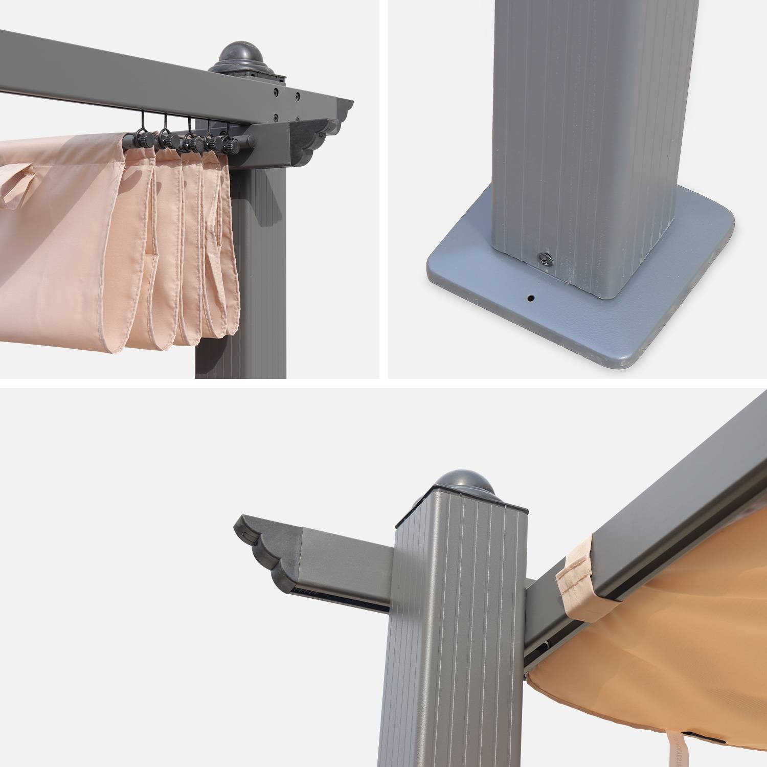 Pergola aluminium - Condate 3x4m -  Toile beige - Tonnelle idéale pour votre terrasse, toit retractable, toile coulissante, structure aluminium, pieds larges et robustes Photo4