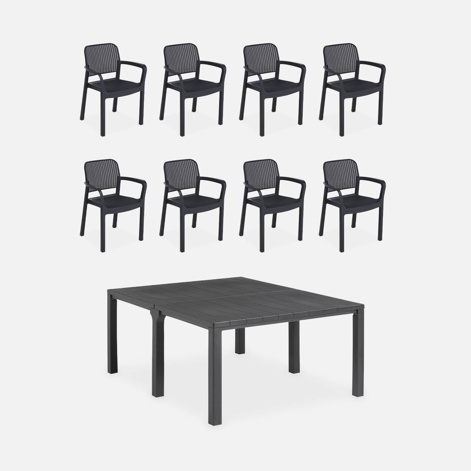 Table de jardin rectangulaire 3 en 1 en résine de synthèse - Julie - Rectangulaire  + 8 fauteuils de jardin empilables Samanna Photo1