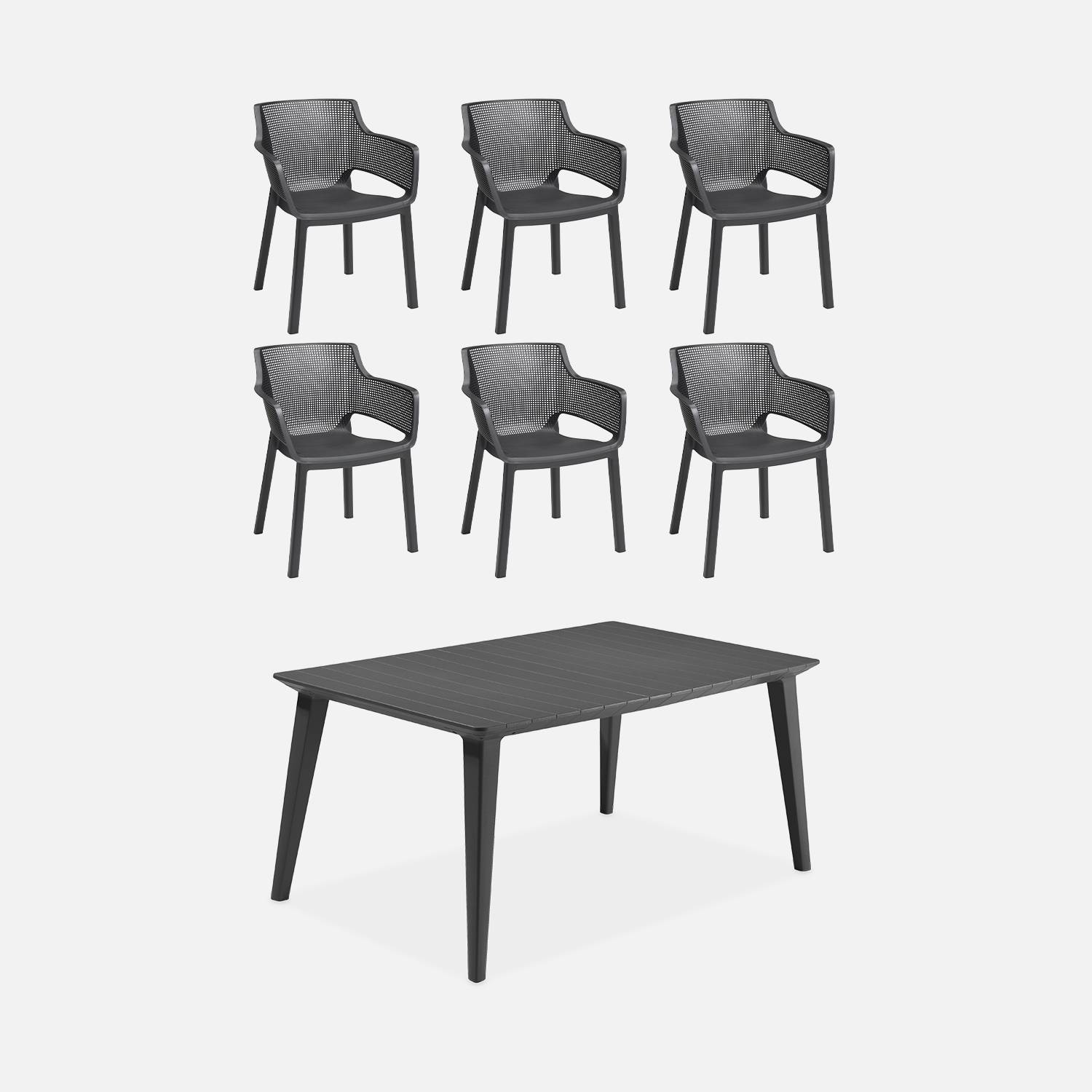 Table de jardin en résine de synthèse, Lima 160, Rectangulaire, graphite, 160 cm et 6 fauteuils de jardin empilables Elisa Photo1
