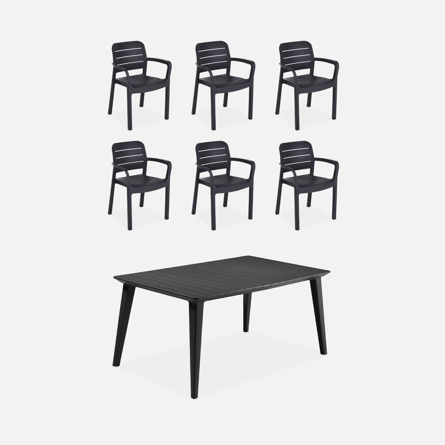 Table de jardin en résine de synthèse, Lima 160, Rectangulaire, graphite, 160 cm et 6 fauteuils de jardin empilables Tisara  Photo1