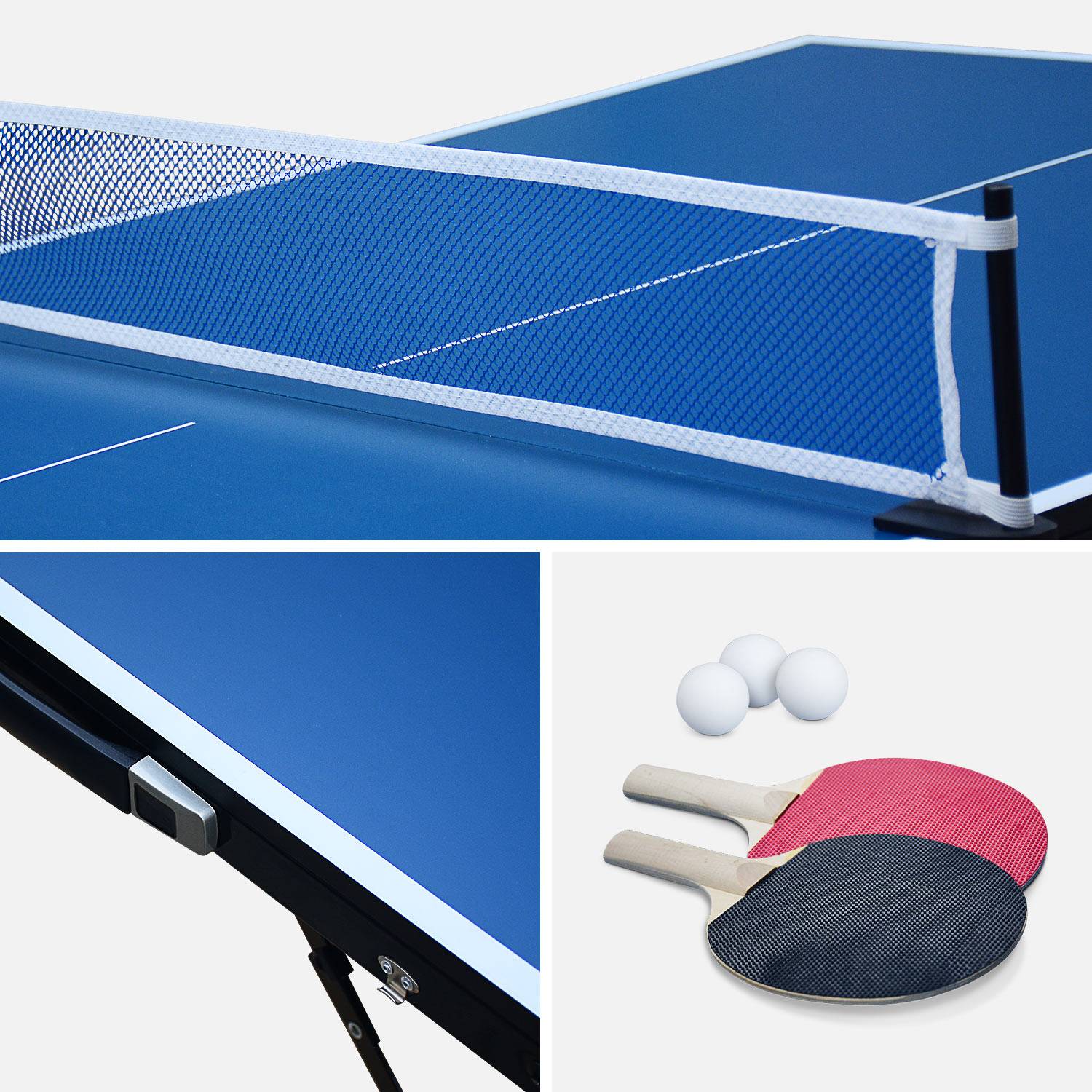 Mini table de ping pong pliable INDOOR bleue, avec 2 raquettes et 3 balles Photo4