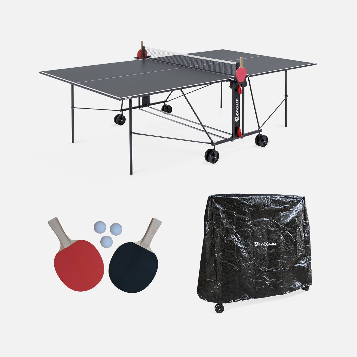 Table de ping pong OUTDOOR grise, pour utilisation extérieure + Housse en PVC + 2 raquettes et 3 balles, sport tennis de table  Photo1