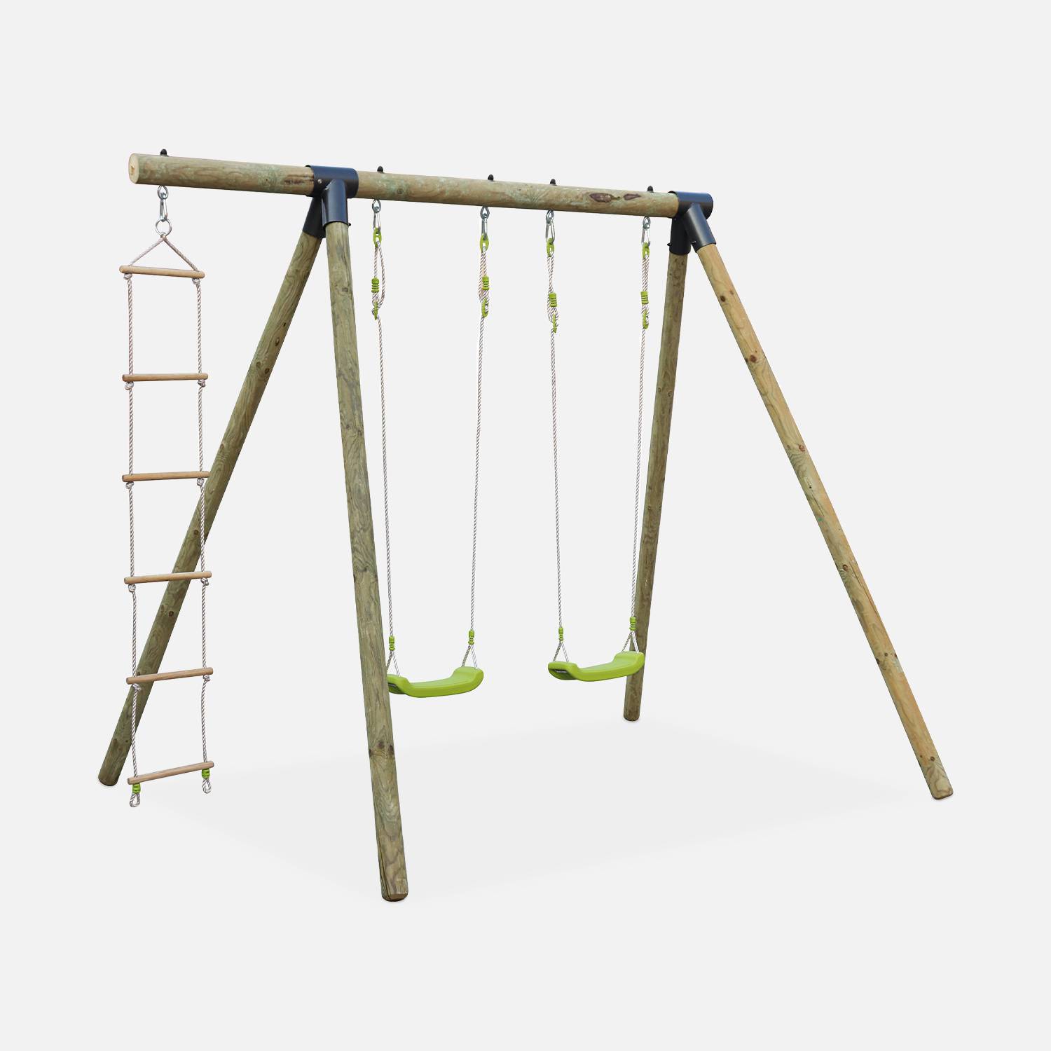 Aire de jeux MISTRAL en bois avec 2 balançoires et échelle en corde en pin autoclave Photo1