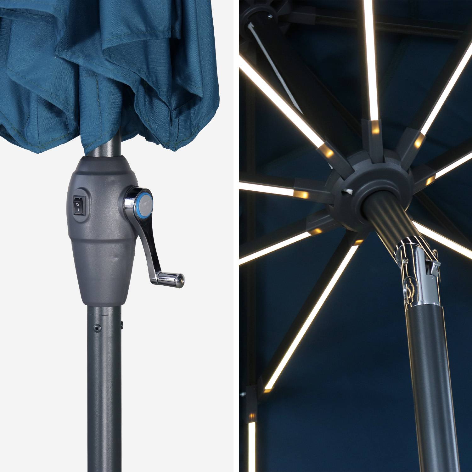 Guarda-chuva redondo LED Ø 2,7m - Helios Duck Blue - Guarda-chuva de haste central com luz integrada e pega de manivela Photo5