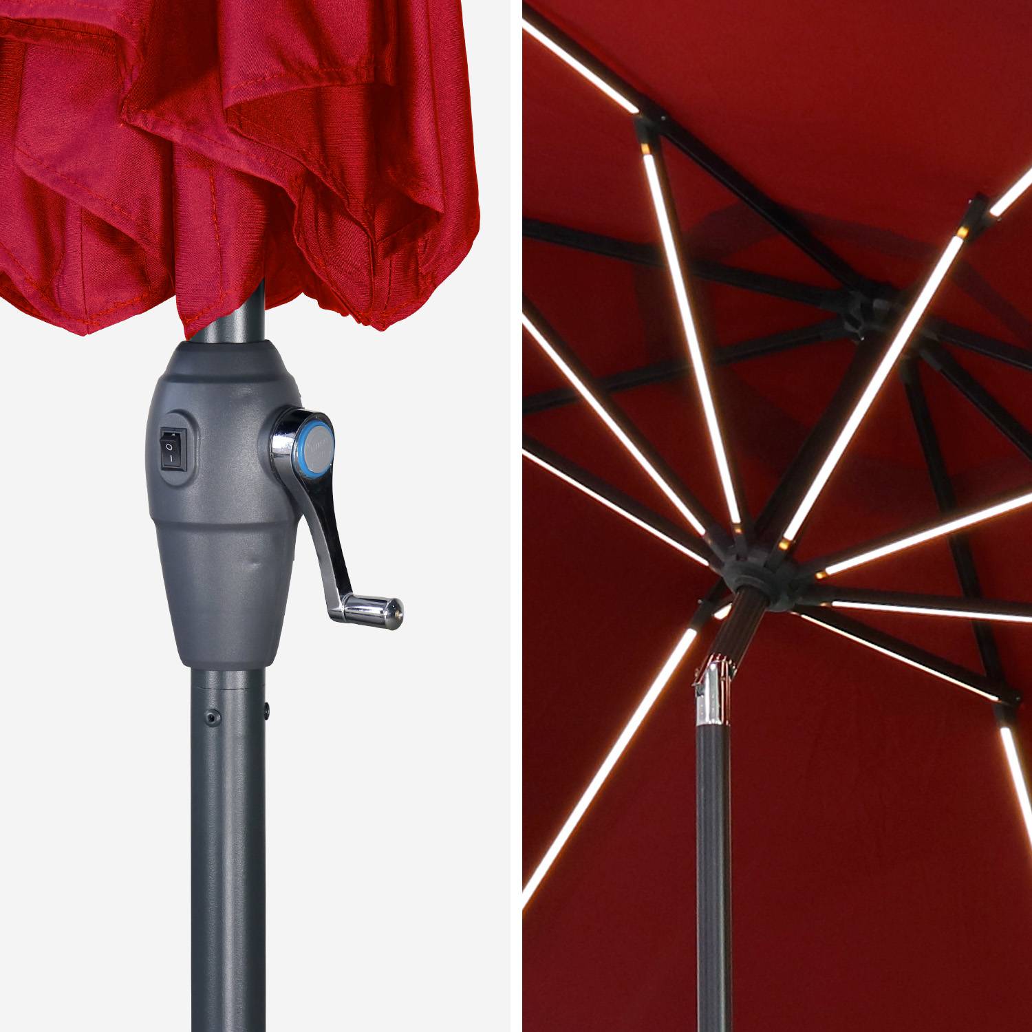 Ombrellone, modello: LED, forma rotonda, Ø2,7m - modello: Helios, colore: Rosso - Ombrellone con palo centrale, con luce integrata e manovella di apertura Photo5