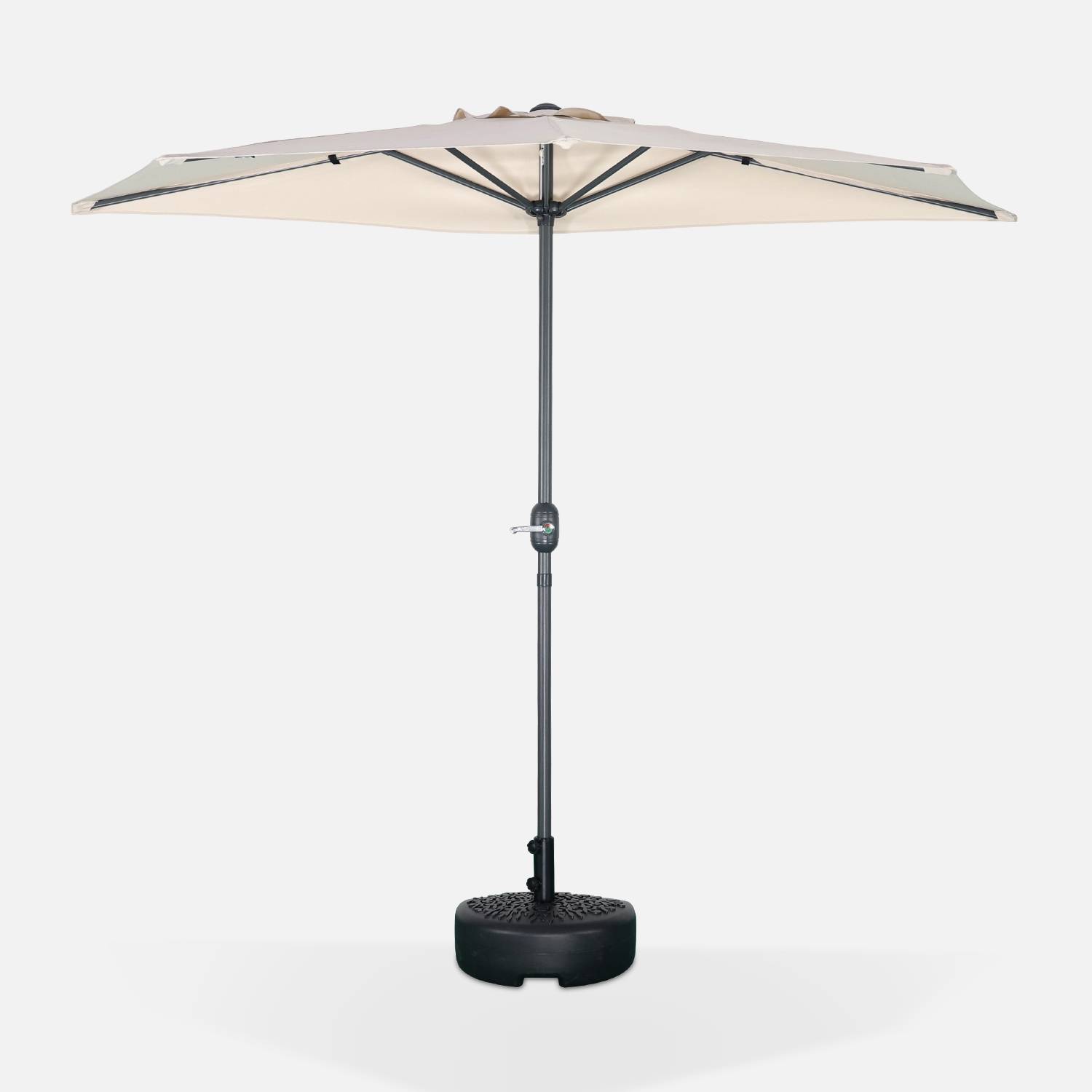  Parasol de balcon Ø250cm  – CALVI – Demi-parasol droit, mât en aluminium avec manivelle d’ouverture, toile sable Photo2