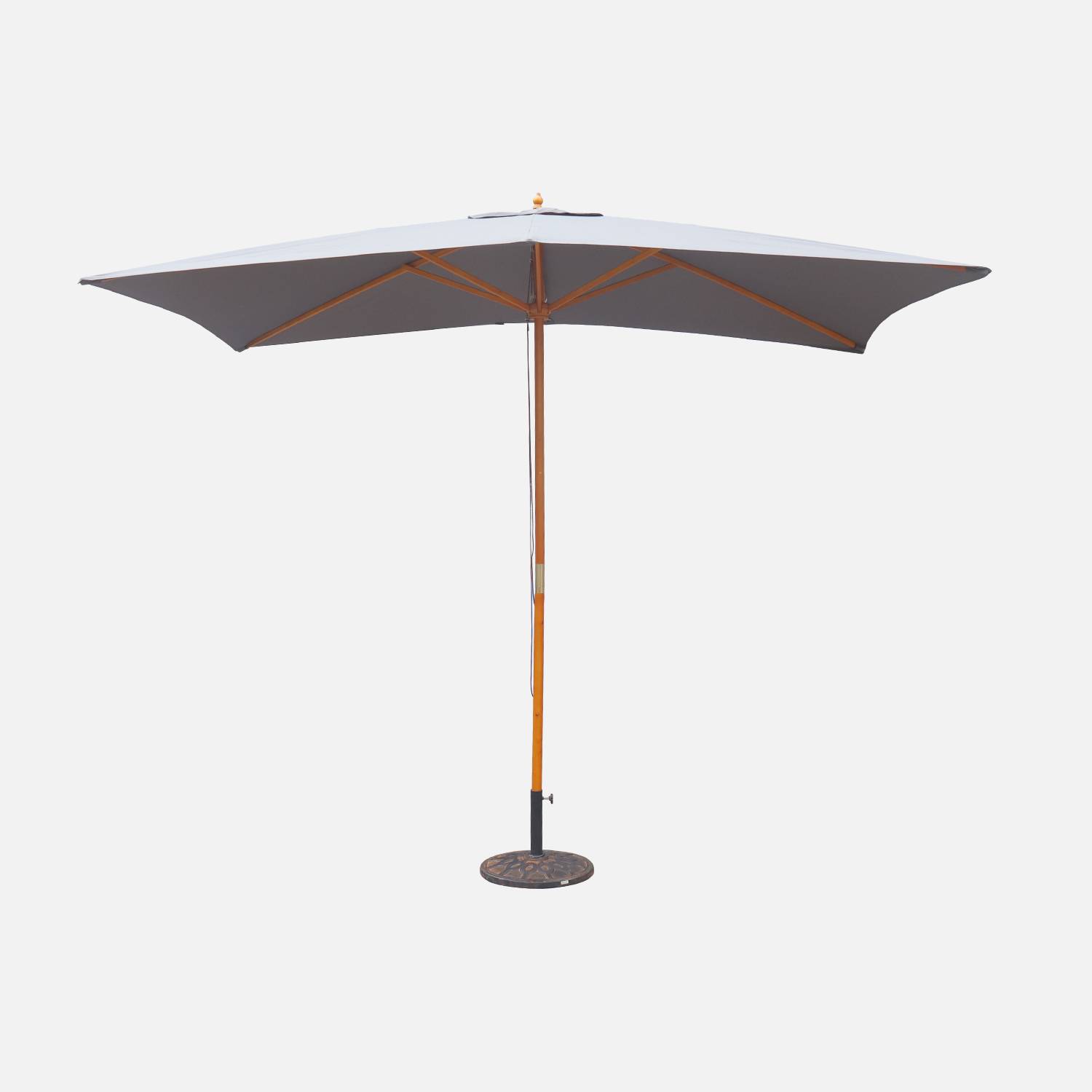 Rechthoekige houten parasol 2x3m, centrale houten mast, handmatig openingssysteem, katrol, grijs Photo2