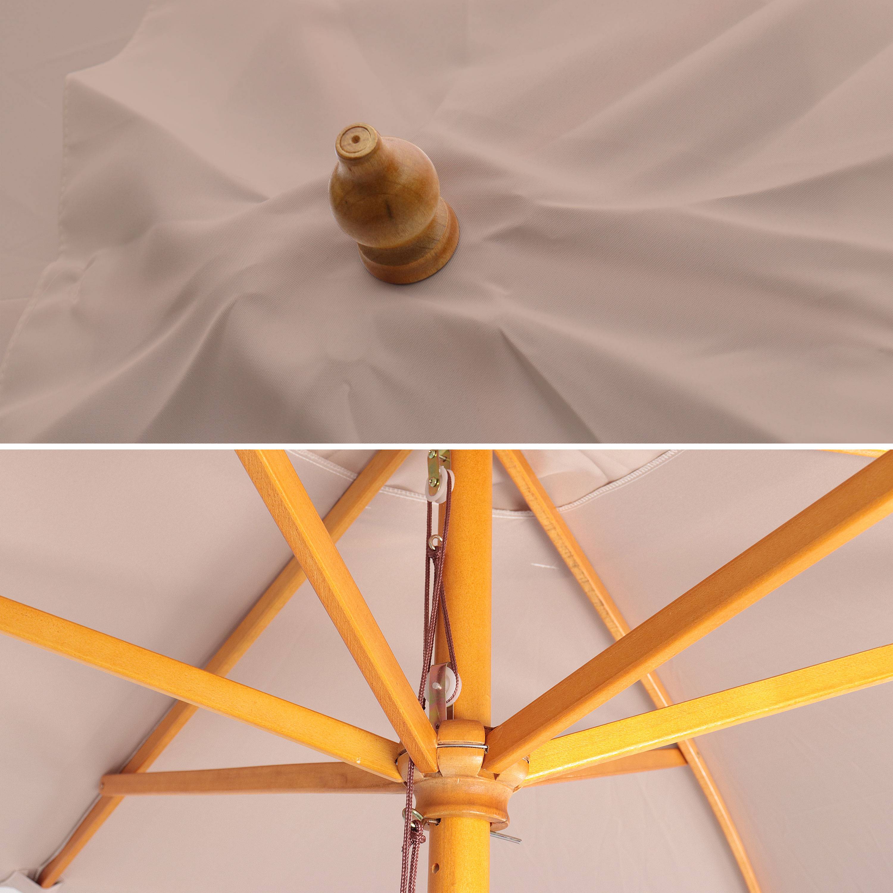 Parasol droit rond en bois 3m - Cabourg Beige - mât central en bois, Ø300cm, système d'ouverture manuelle, poulie Photo5
