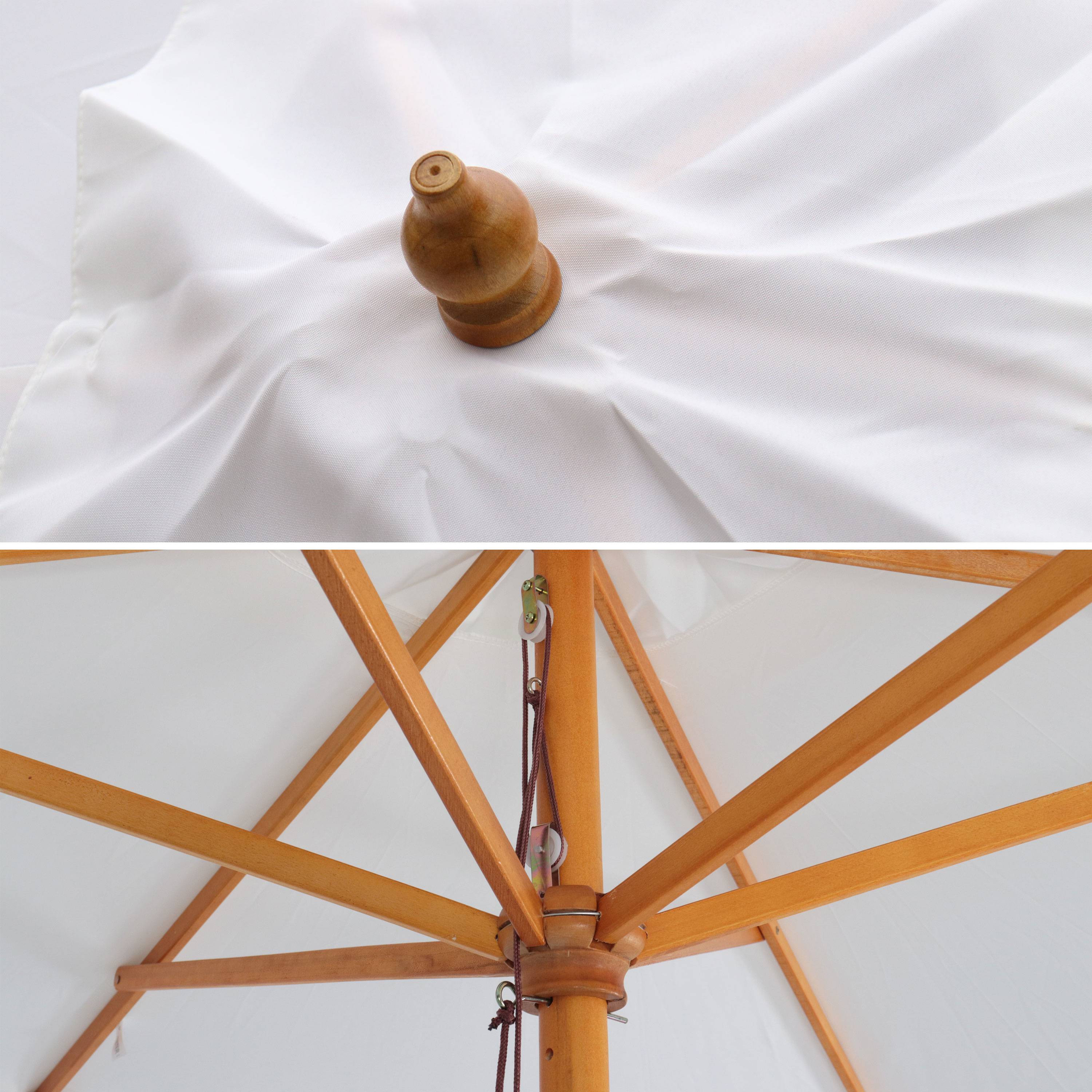 Parasol droit rond en bois 3m - Cabourg Ecru - mât central en bois, Ø300cm, système d'ouverture manuelle, poulie Photo5