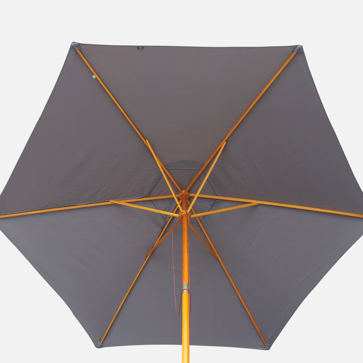 Ronde houten parasol Ø290cm, centrale houten mast, handmatig openingssysteem, katrol Photo3