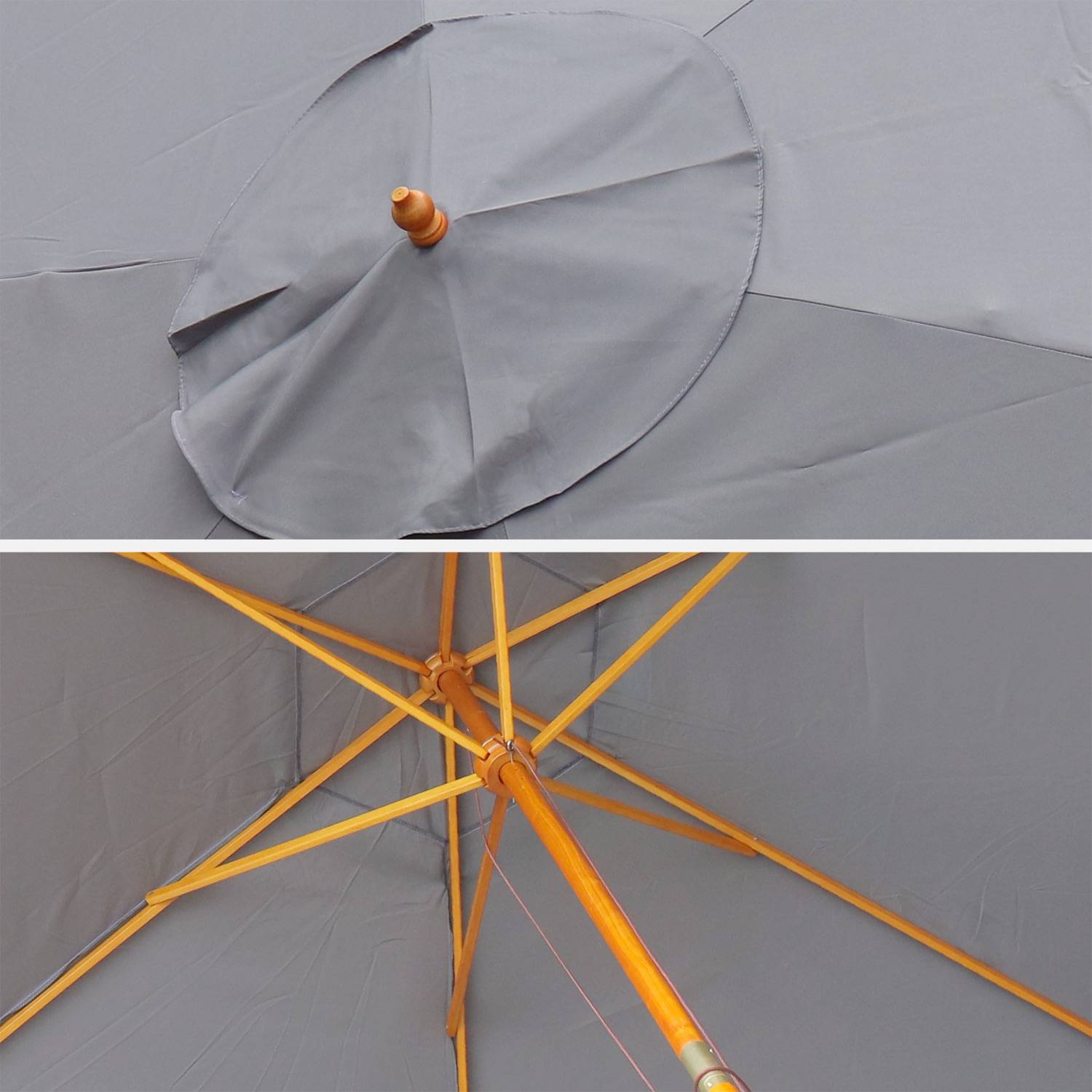 Parasol droit rond en bois 3m - Cabourg Gris - mât central en bois, Ø300cm, système d'ouverture manuelle, poulie Photo4