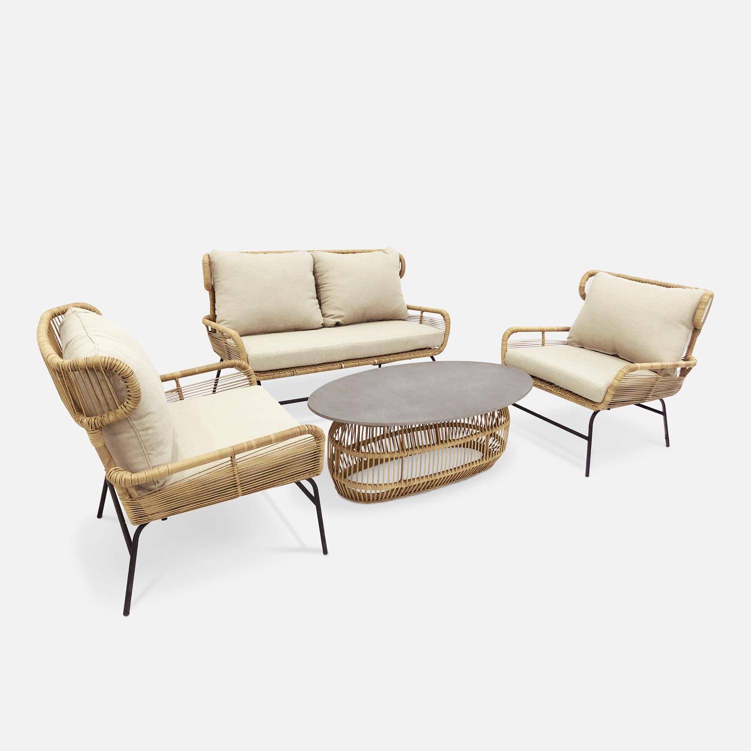 Salotto da giardino BALI – Set con divano 2 posti e 2 poltrone con 1 tavolino ovale, resina intrecciata effetto rattan, cuscini beige Photo2