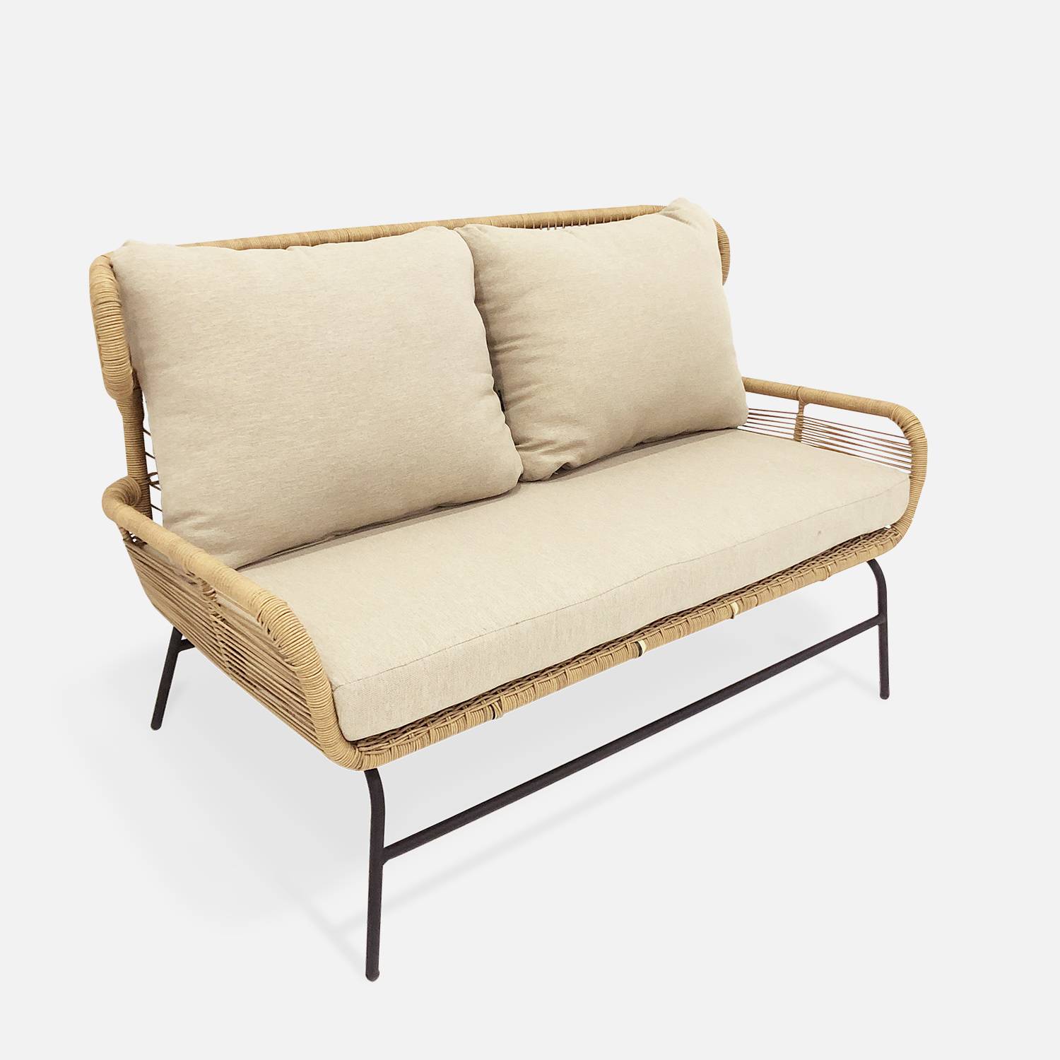 Salotto da giardino BALI – Set con divano 2 posti e 2 poltrone con 1 tavolino ovale, resina intrecciata effetto rattan, cuscini beige Photo3