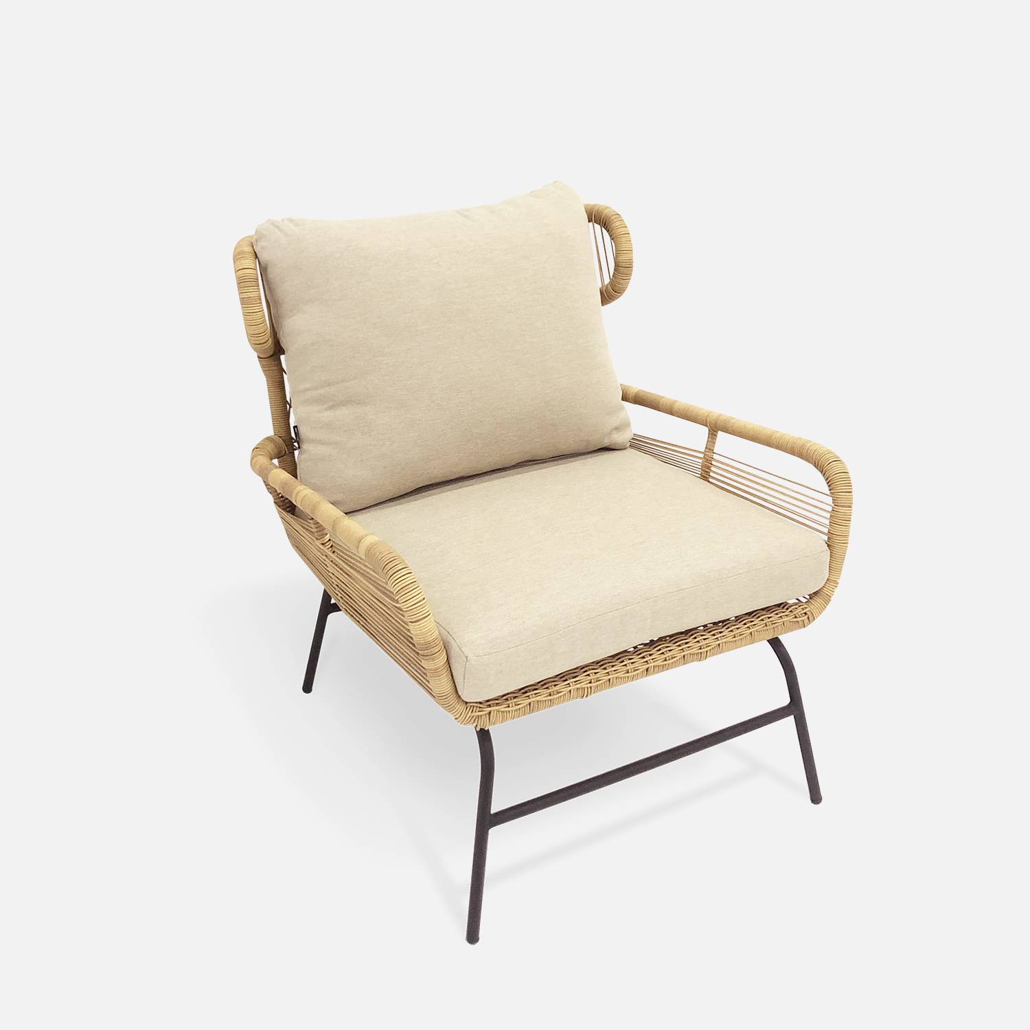 BALI niedrige Gartengarnitur 4 Sitze - Set Sofa mit 2 Sitzen und 2 Sesseln mit 1 ovaler Beistelltisch, Kunststoffrattan mit Rattan-Effekt, beigefarbene Kissen Photo4
