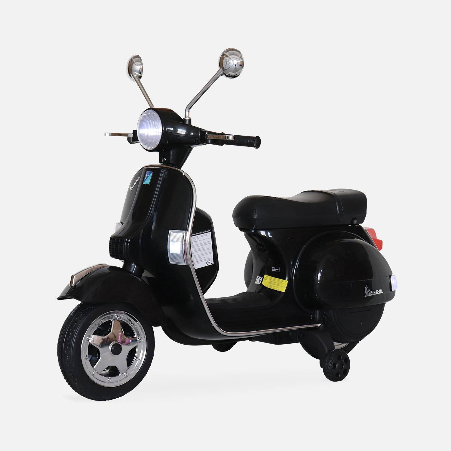 Vespa noire PX150, moto électrique pour enfants 12V 4.5Ah, 1 place avec autoradio Photo1
