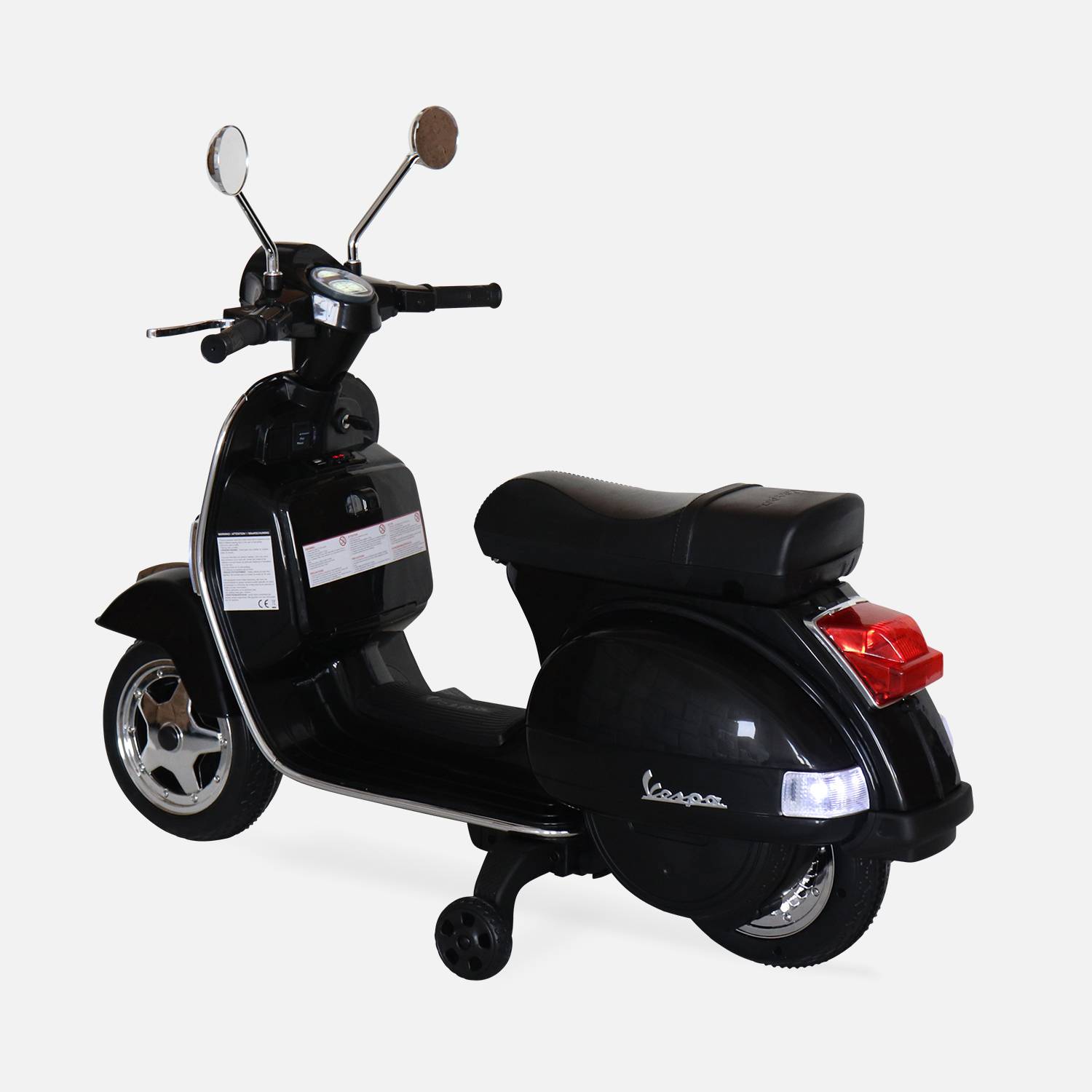 Vespa noire PX150, scooter électrique pour enfants 12V 4.5Ah, 1 place avec autoradio Photo2