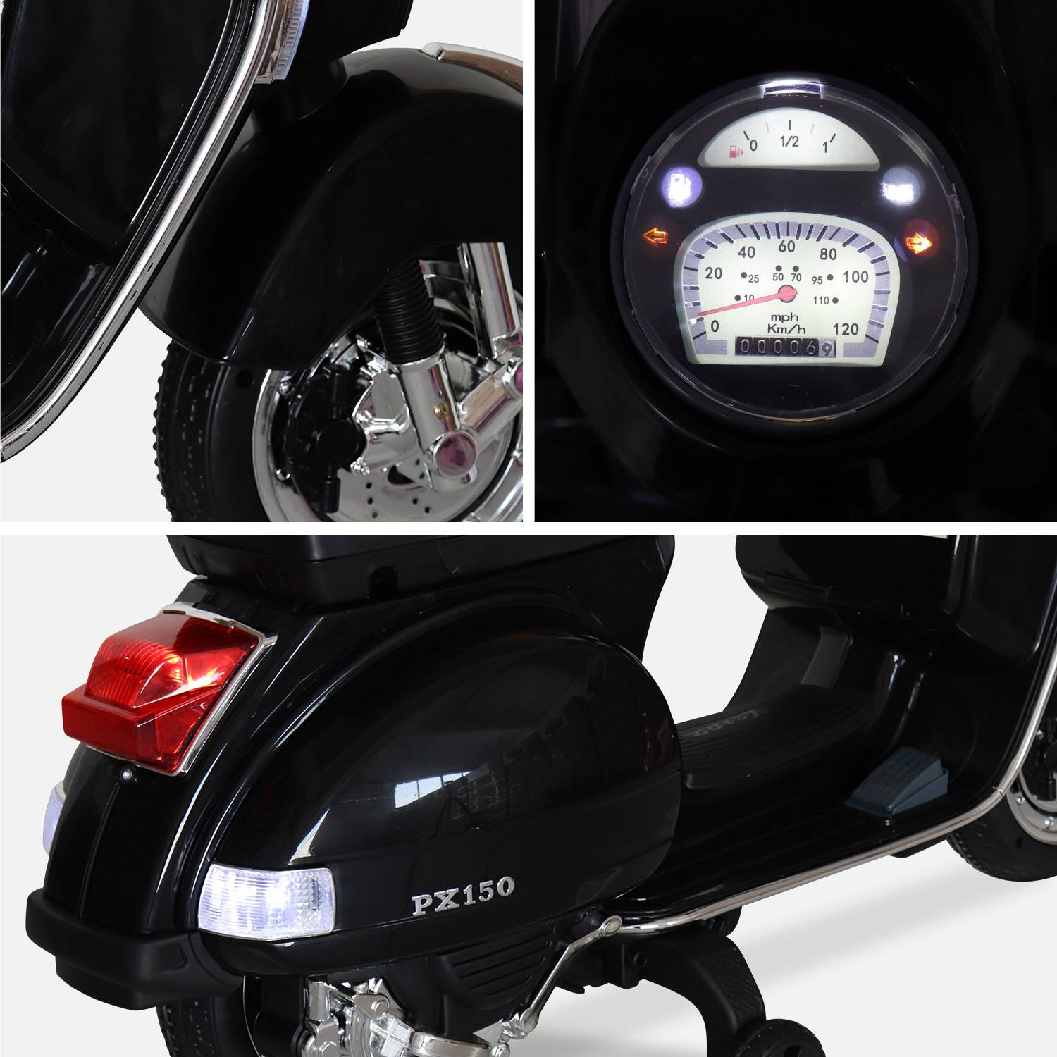 Vespa noire PX150, scooter électrique pour enfants 12V 4.5Ah, 1 place avec autoradio Photo3