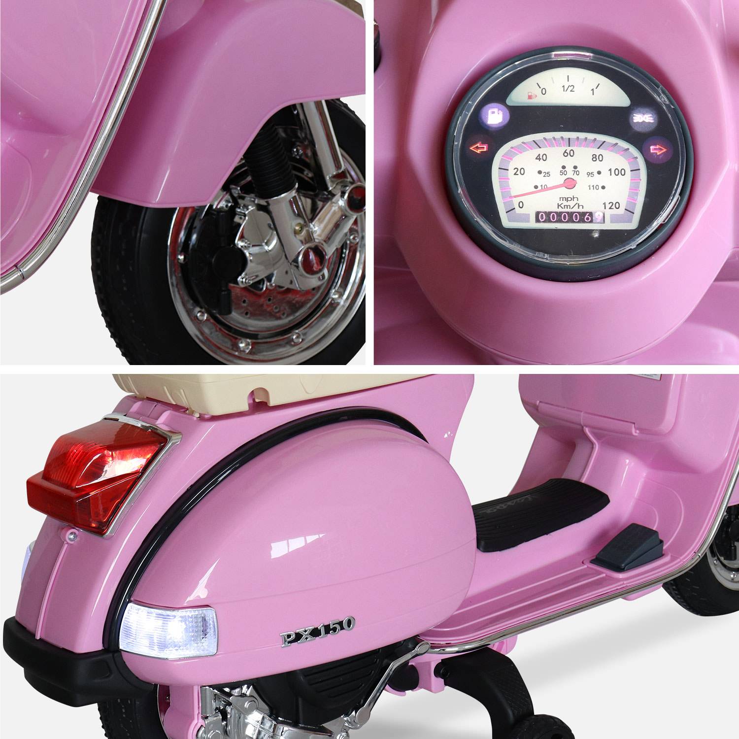 Roze Vespa PX150, elektrische scooter voor kinderen 12V 4.5Ah, 1 plaats met radio Photo3