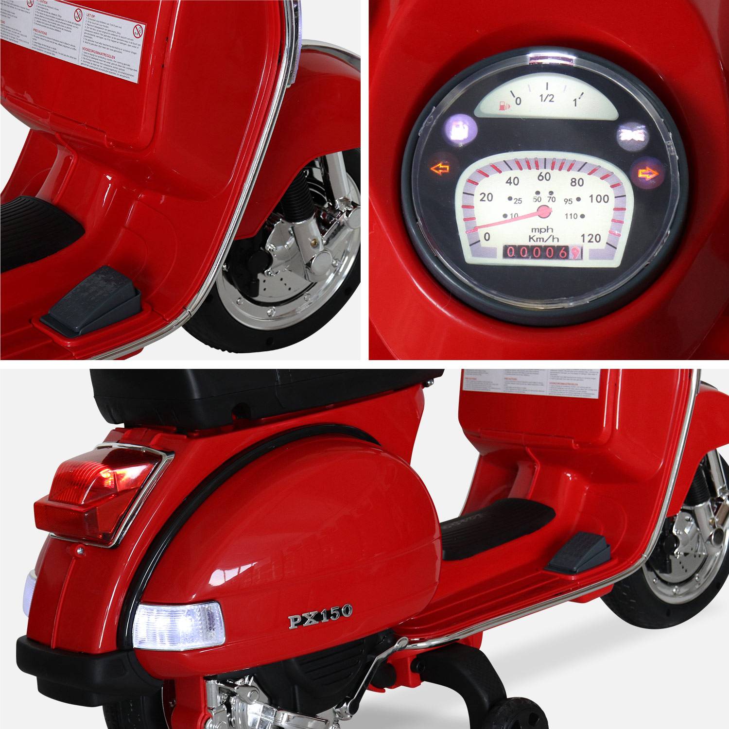 Vespa rouge PX150, moto électrique pour enfants 12V 4.5Ah, 1 place avec autoradio Photo3