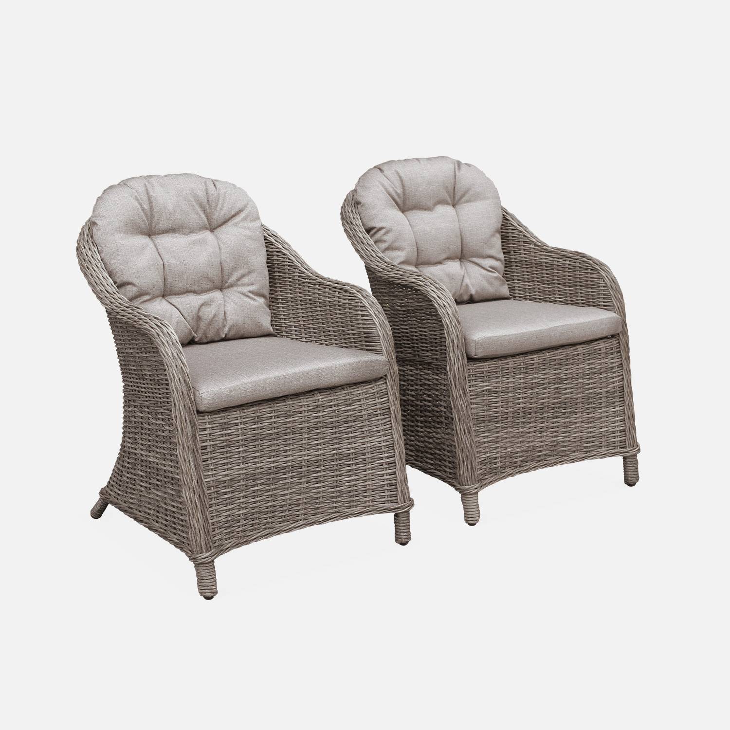 Set mit 2 runden Sesseln aus Kunststoffrattan - Lecco Grau - beigefarbene Kissen, Stühle, Aluminiumgestell Photo1