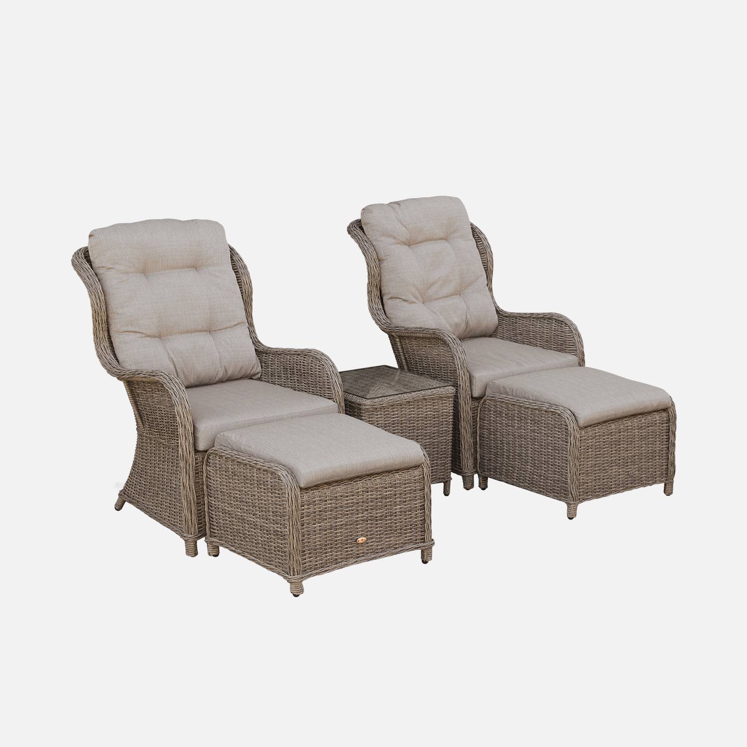 Set mit 2 Relax-Sesseln aus abgerundetem Polyrattan mit Fußstütze und Couchtisch - Barletta Grau - Rattan-Look, beigefarbene Kissen, Aluminiumgestell Photo3